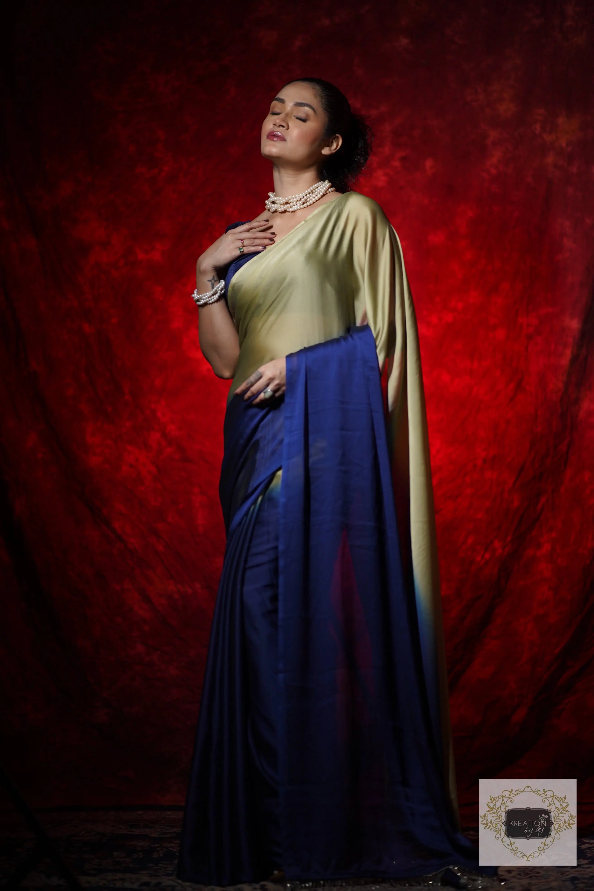Navy Blue-Olive Georgette Ombre Cocktail Saree kreationbykj