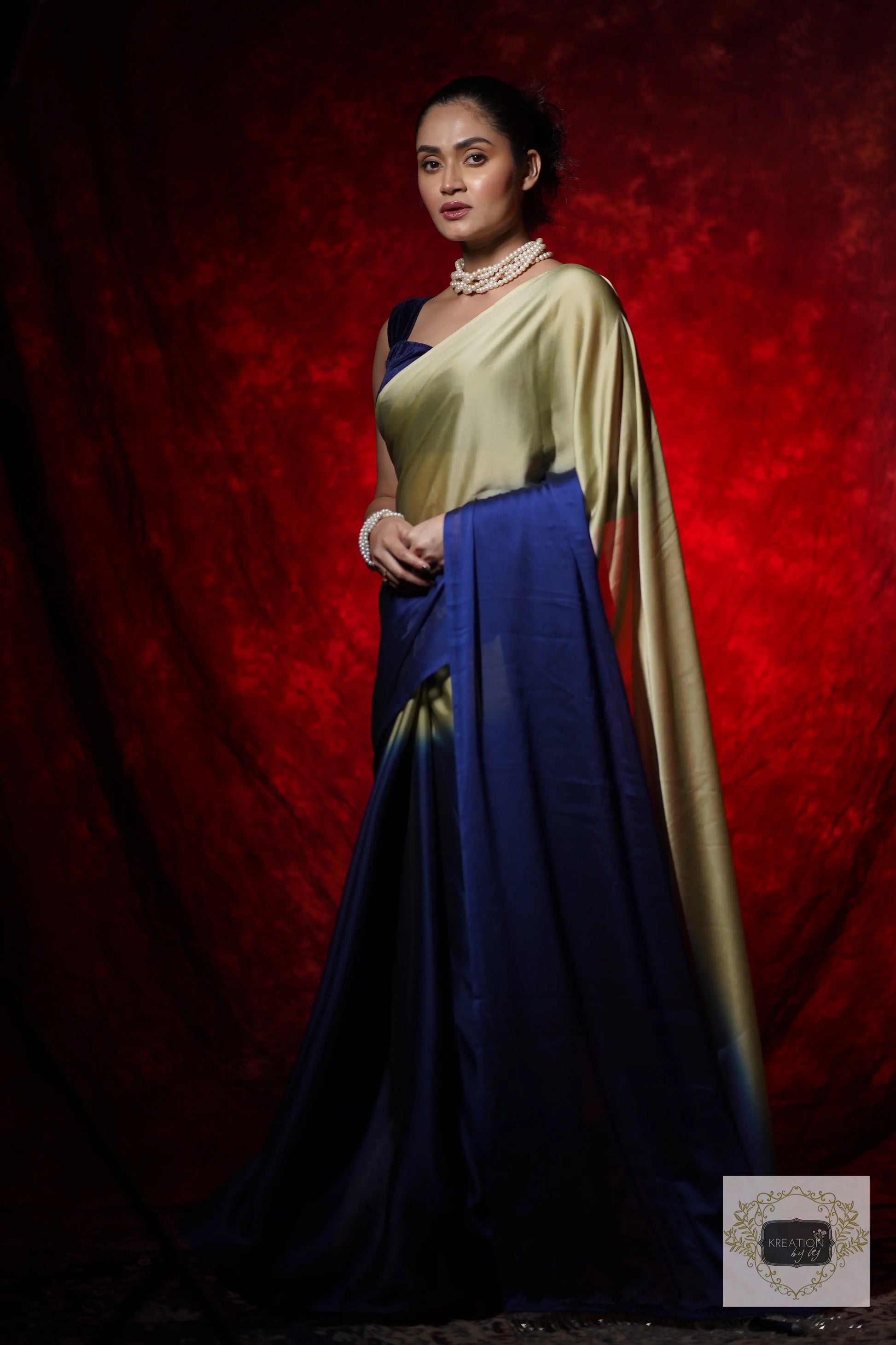 Navy Blue-Olive Georgette Ombre Cocktail Saree kreationbykj