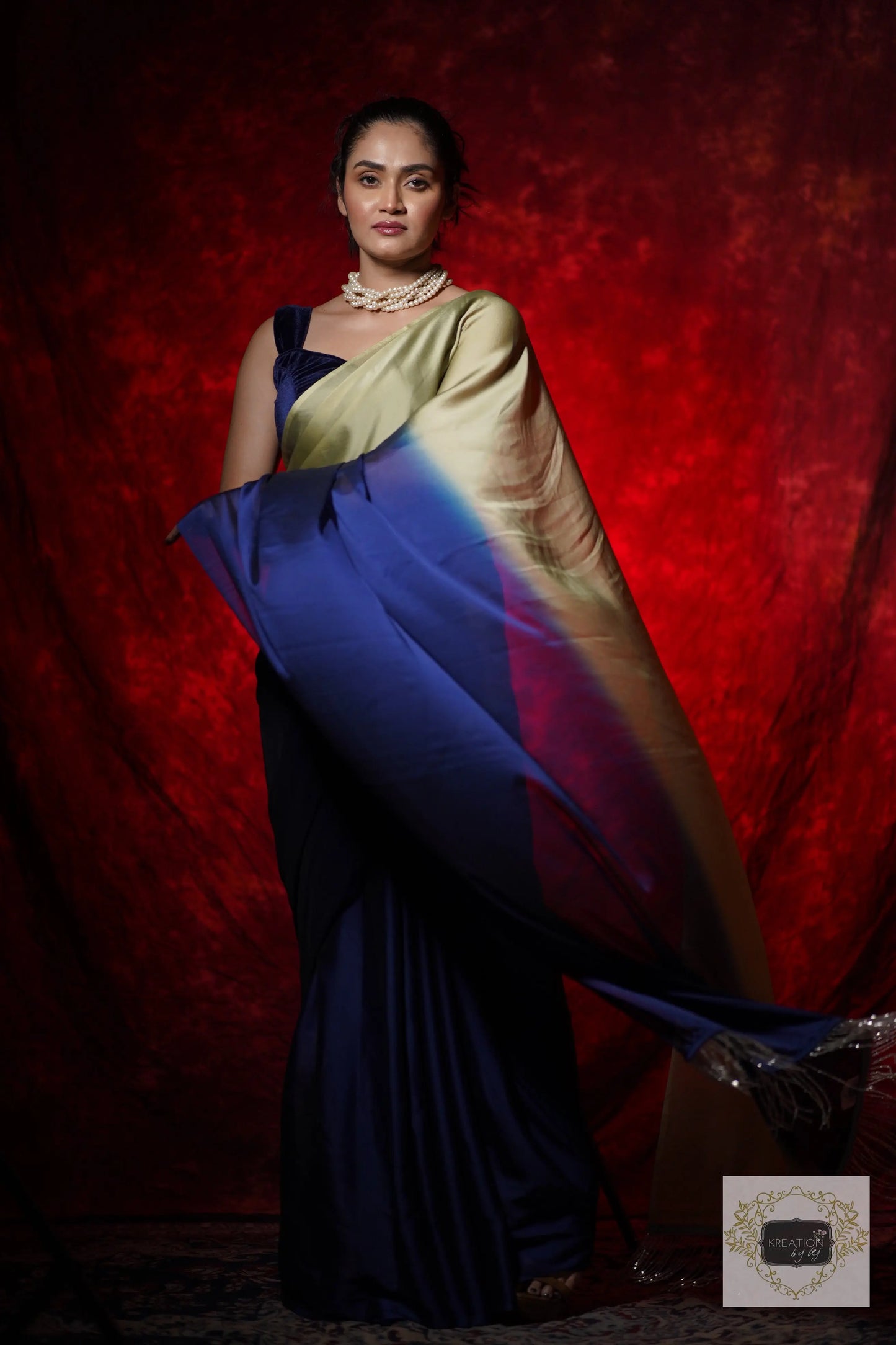 Navy Blue-Olive Georgette Ombre Cocktail Saree kreationbykj