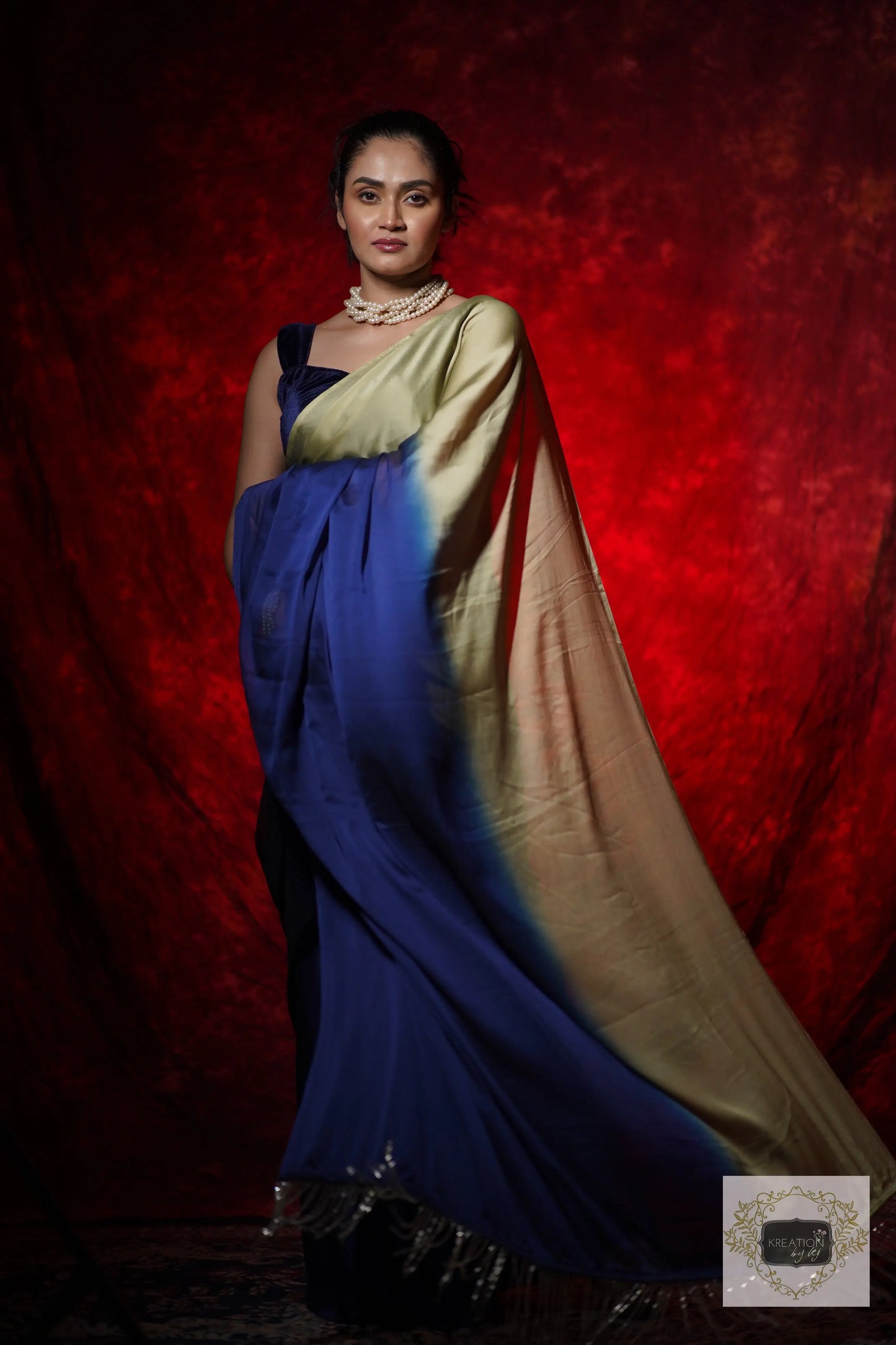 Navy Blue-Olive Georgette Ombre Cocktail Saree kreationbykj