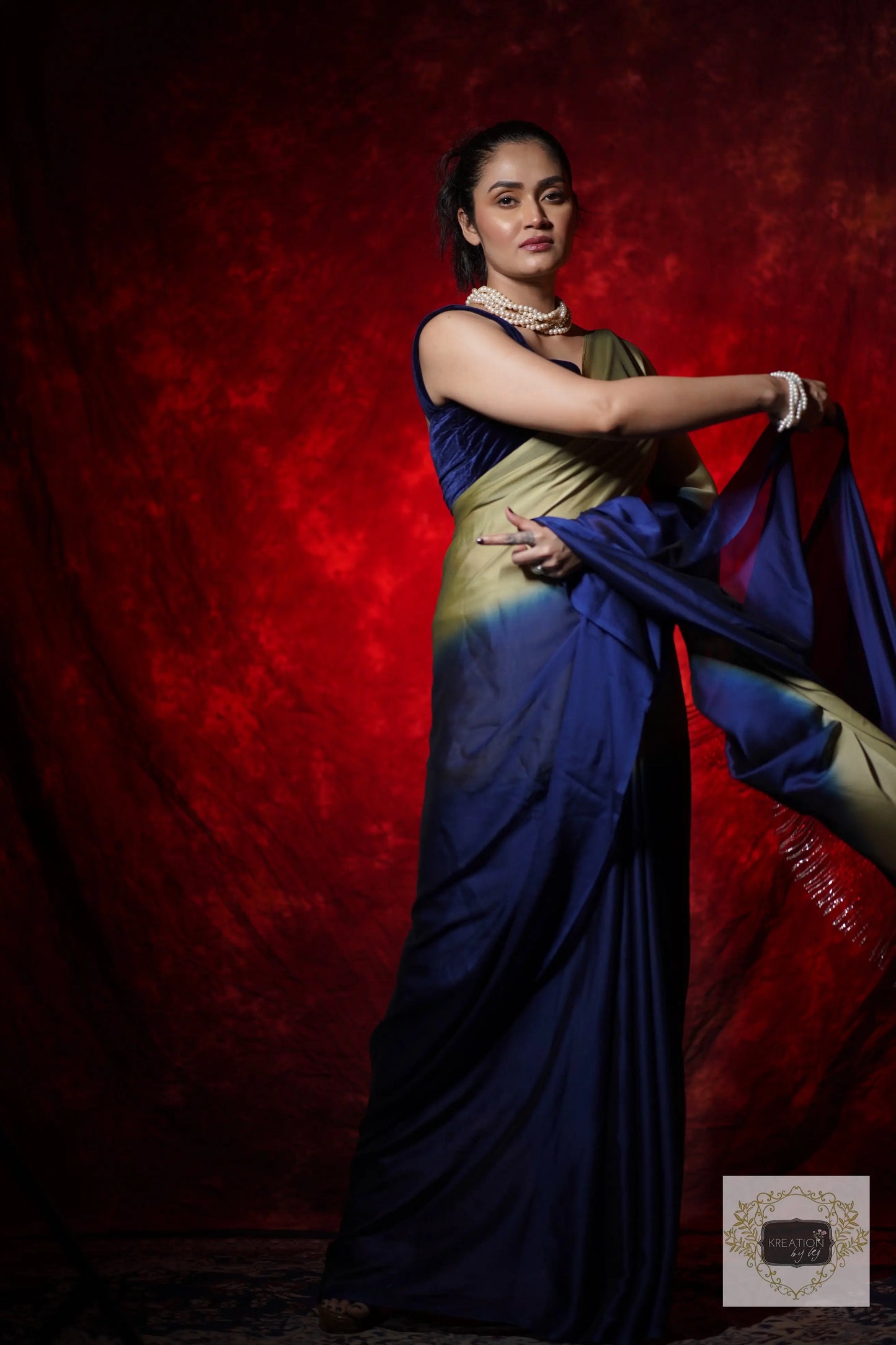 Navy Blue-Olive Georgette Ombre Cocktail Saree kreationbykj