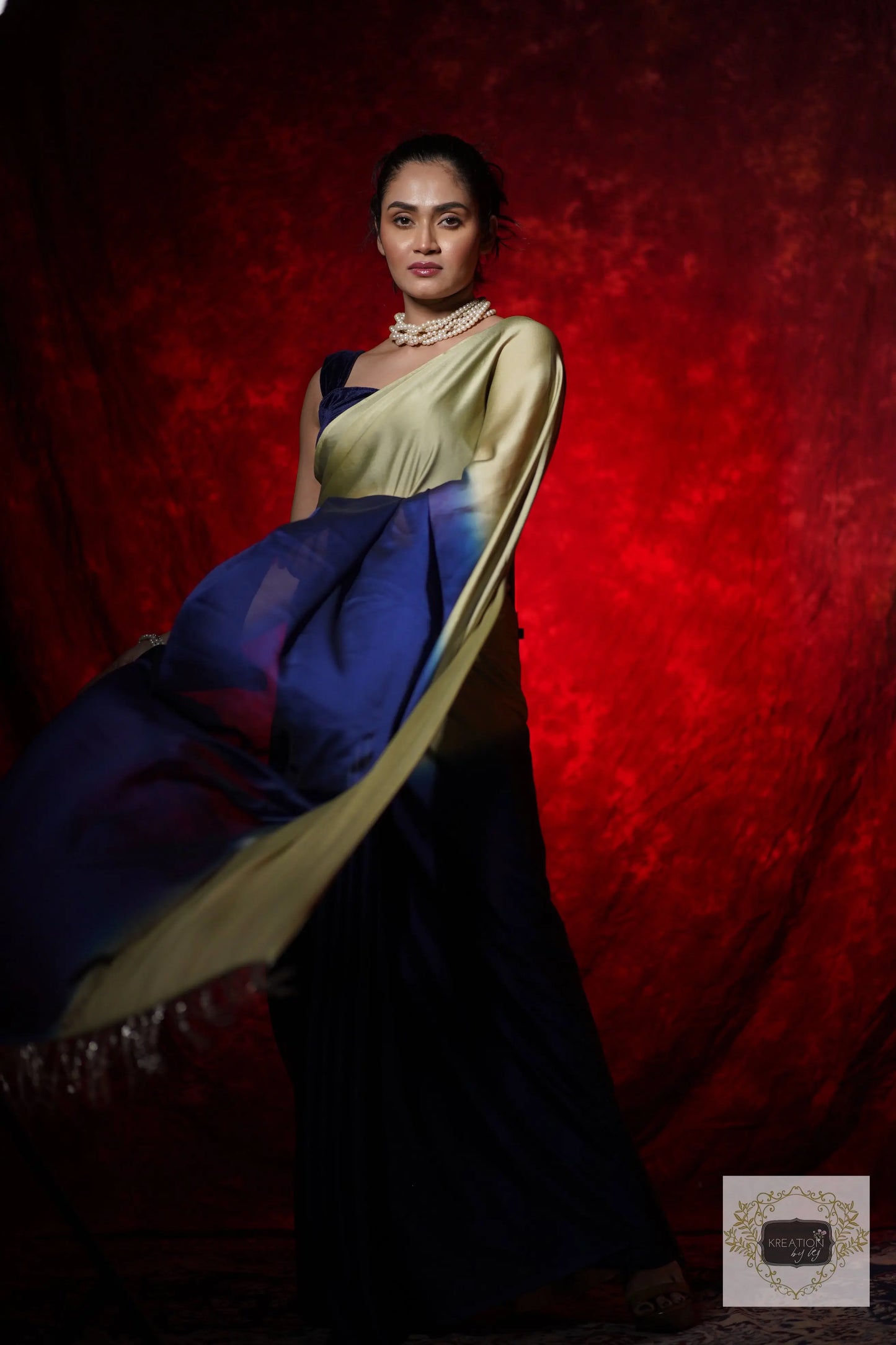 Navy Blue-Olive Georgette Ombre Cocktail Saree kreationbykj