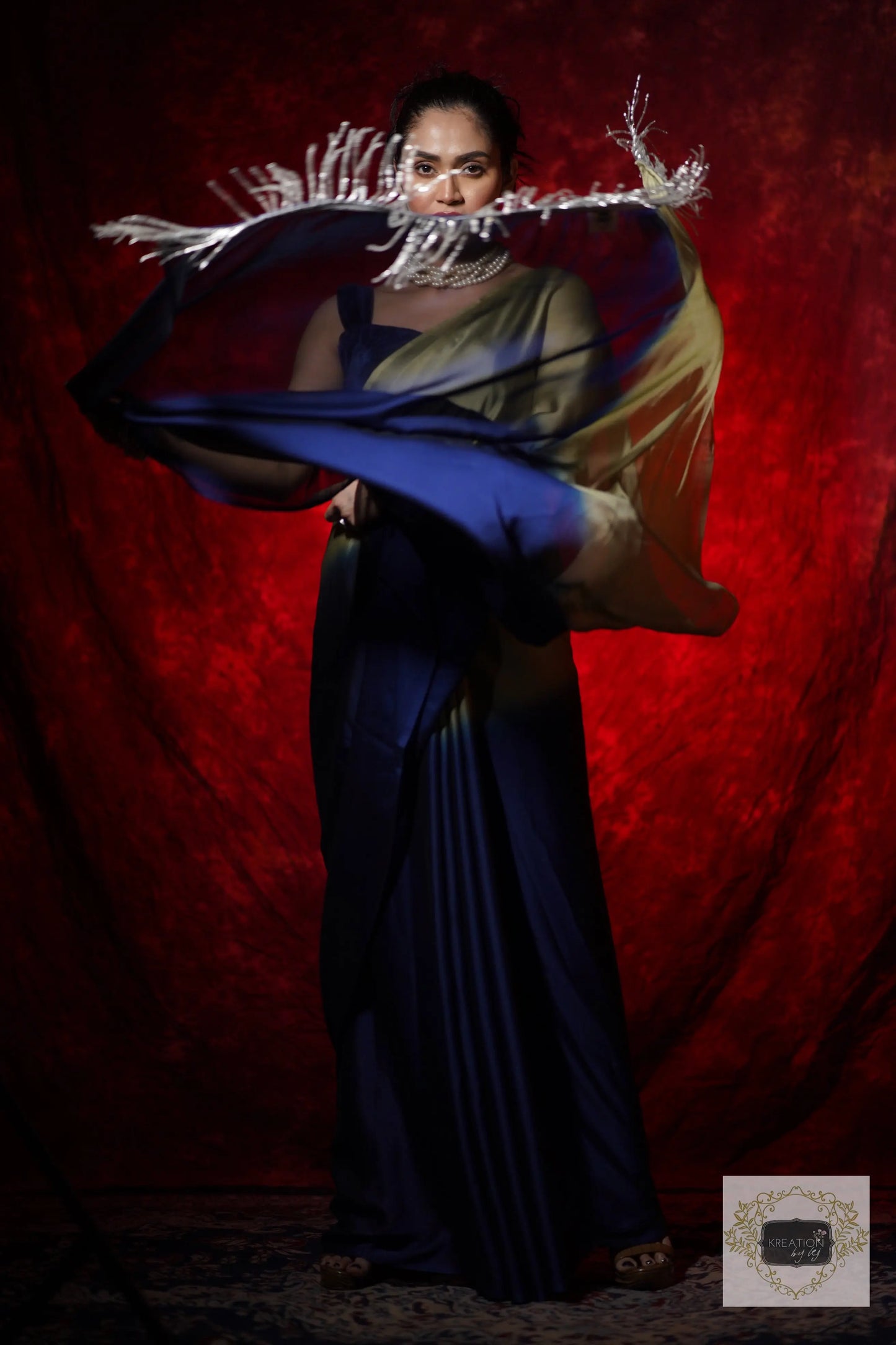 Navy Blue-Olive Georgette Ombre Cocktail Saree kreationbykj