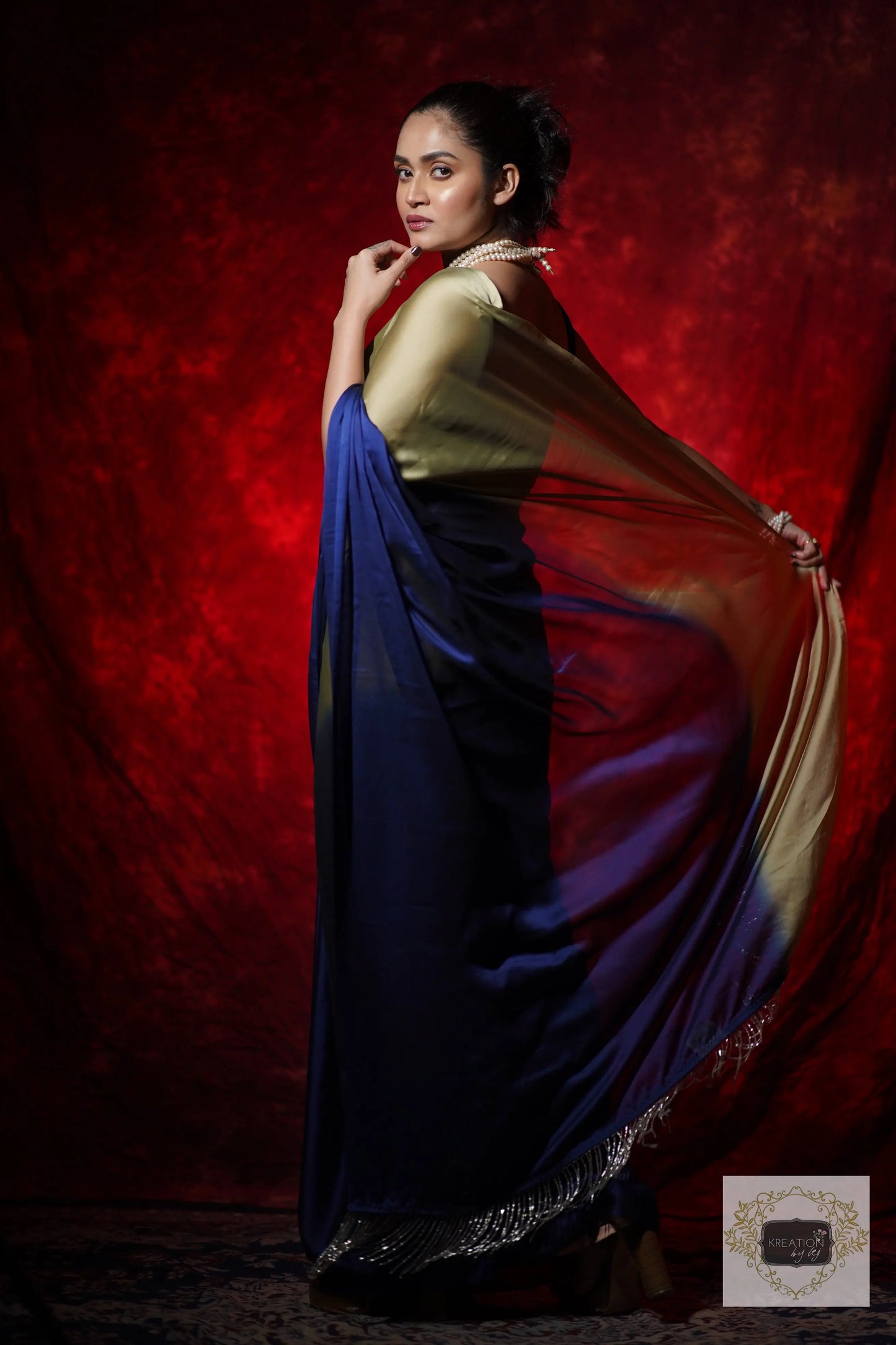 Navy Blue-Olive Georgette Ombre Cocktail Saree kreationbykj