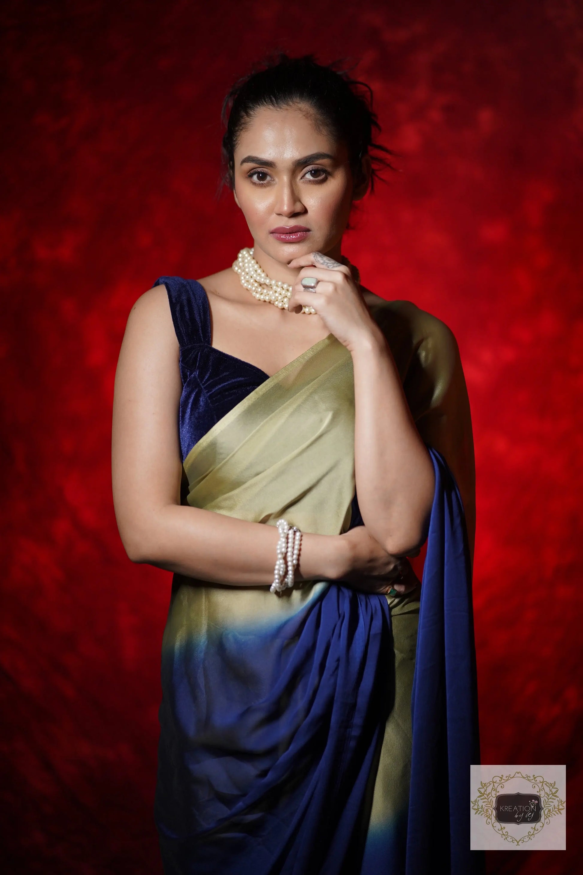 Navy Blue-Olive Georgette Ombre Cocktail Saree kreationbykj
