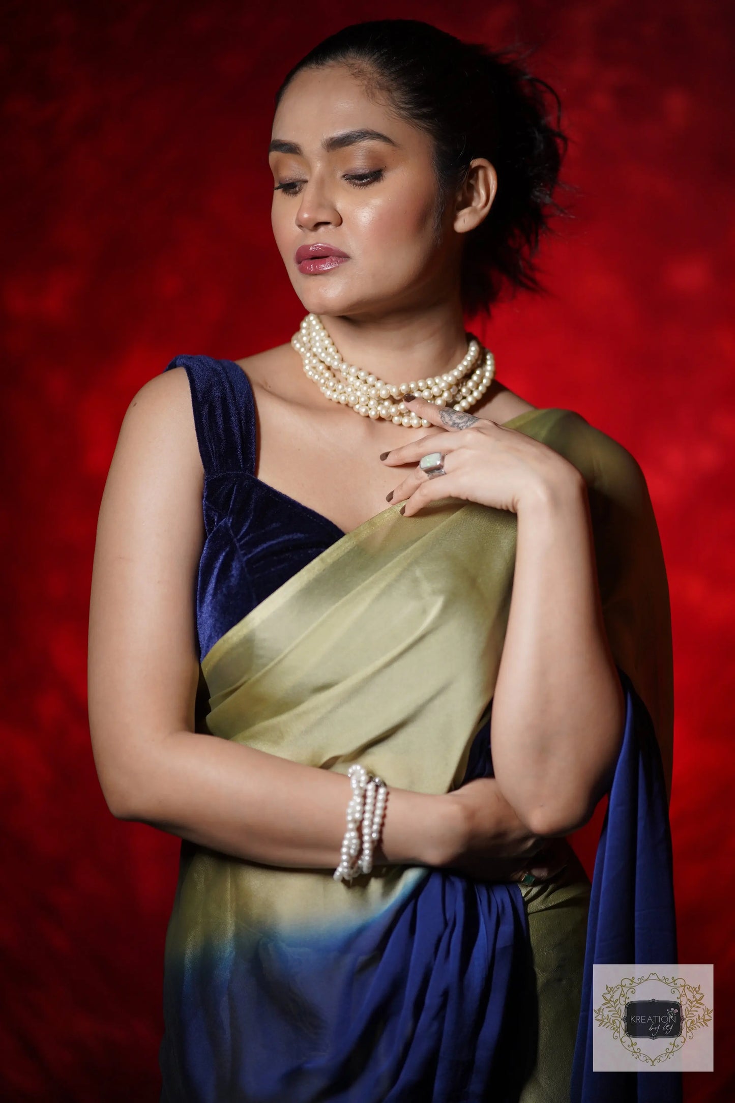 Navy Blue-Olive Georgette Ombre Cocktail Saree kreationbykj