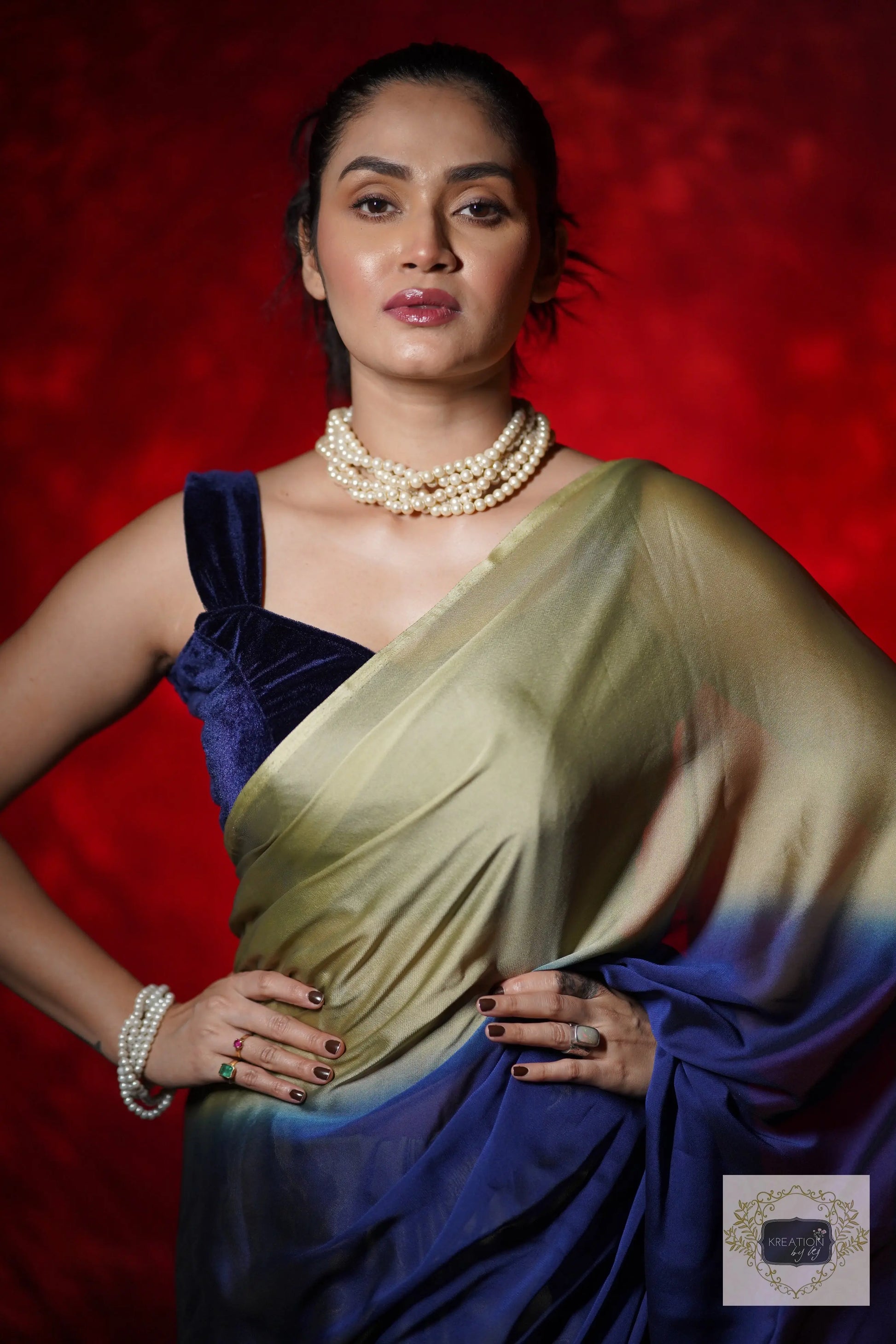 Navy Blue-Olive Georgette Ombre Cocktail Saree kreationbykj