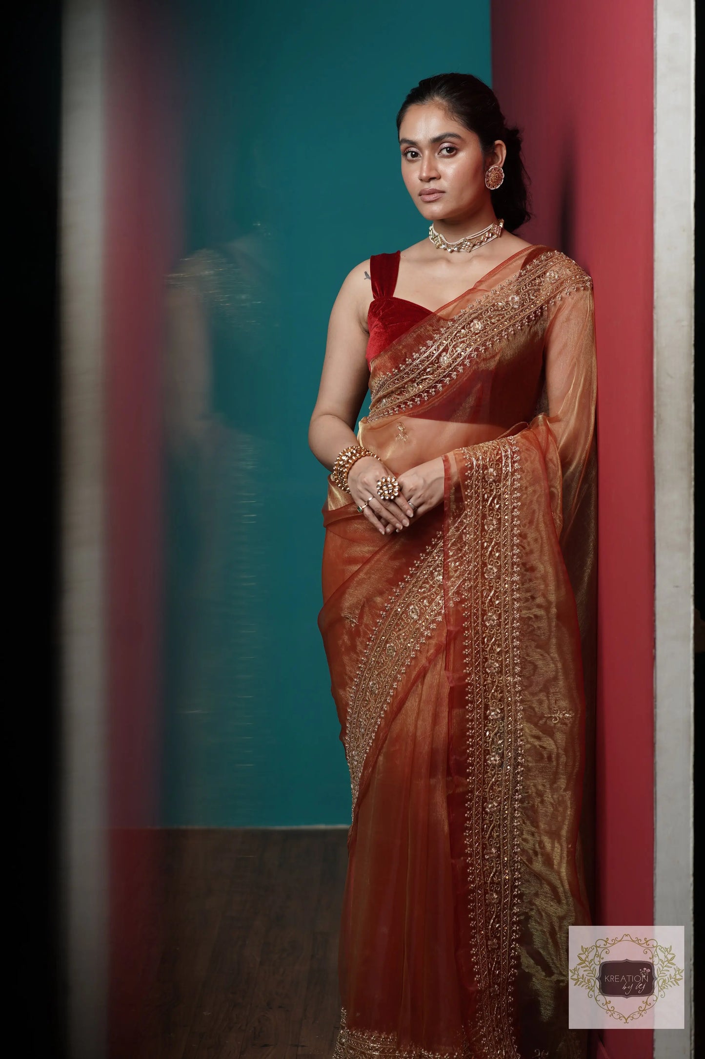 Auburn Glass Tissue Zarina Saree kreationbykj