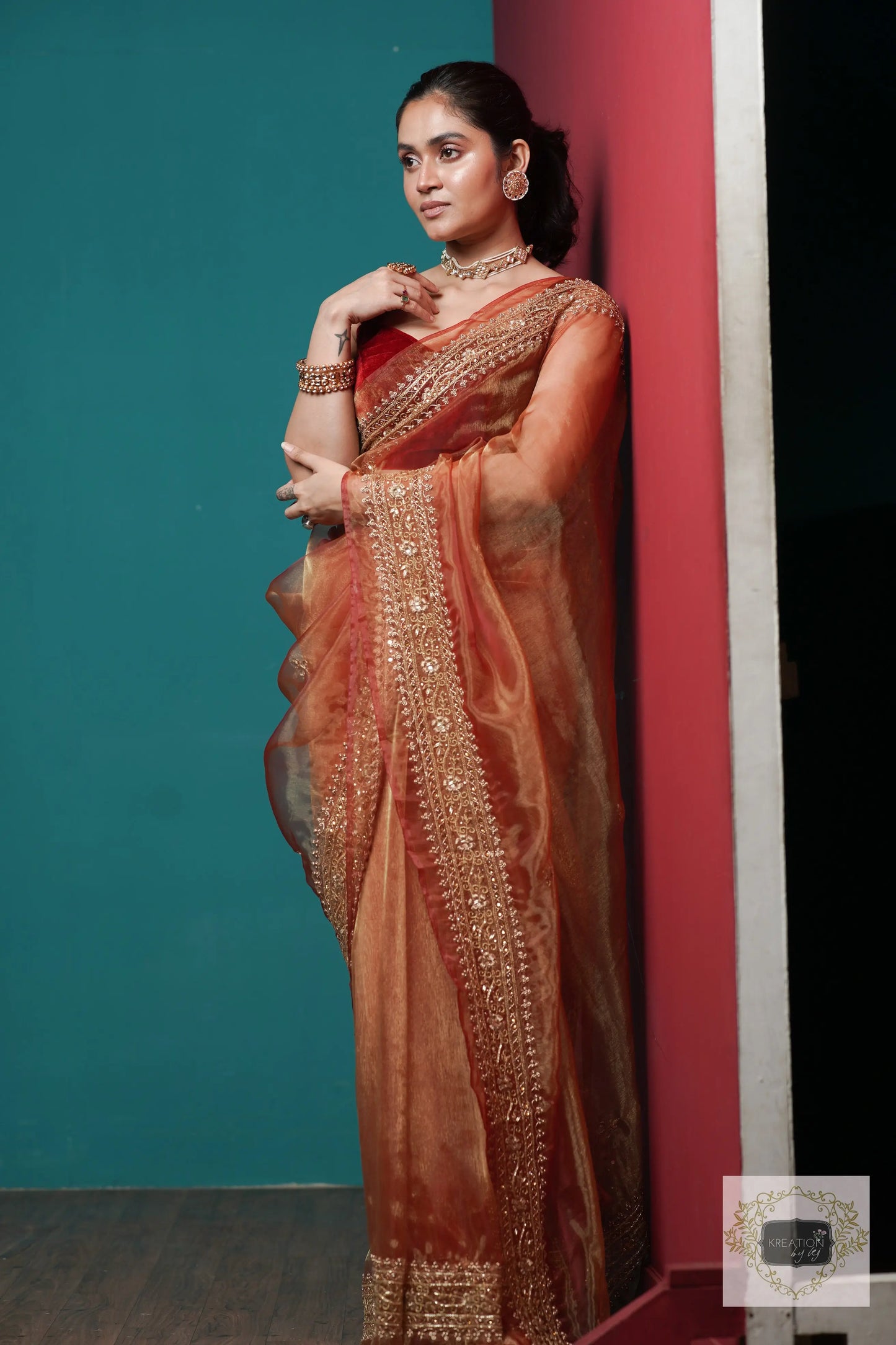 Auburn Glass Tissue Zarina Saree kreationbykj