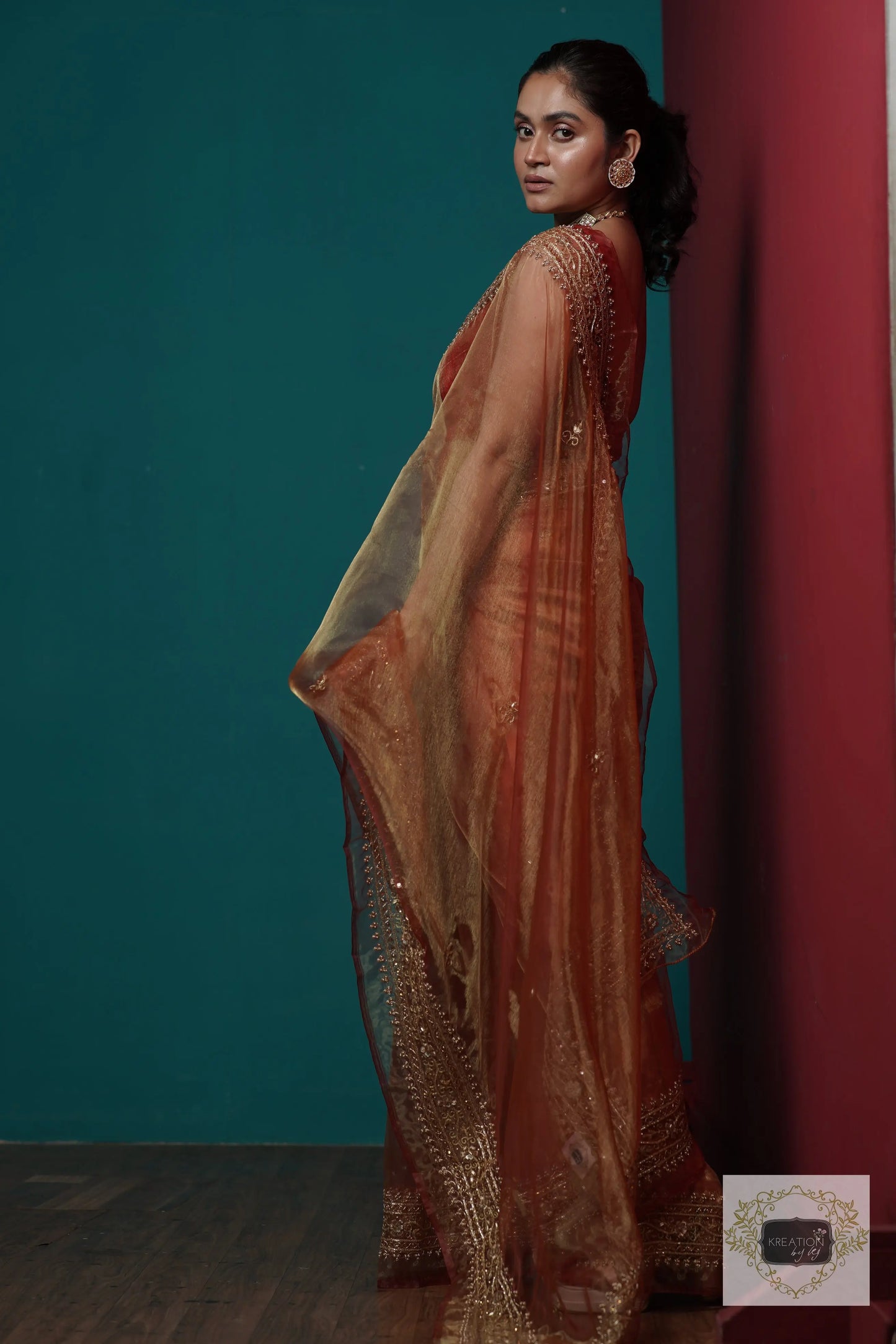 Auburn Glass Tissue Zarina Saree kreationbykj