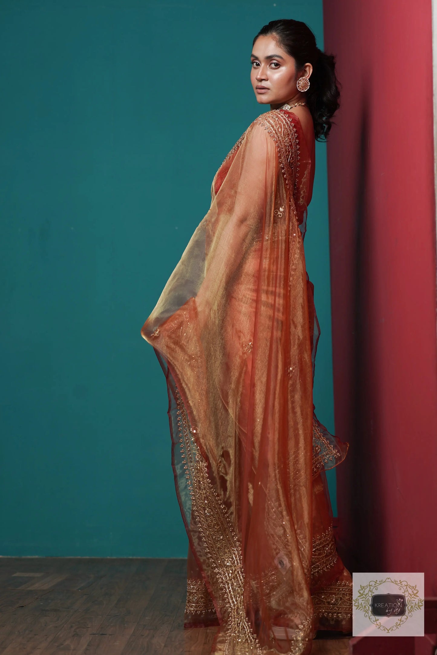Auburn Glass Tissue Zarina Saree kreationbykj