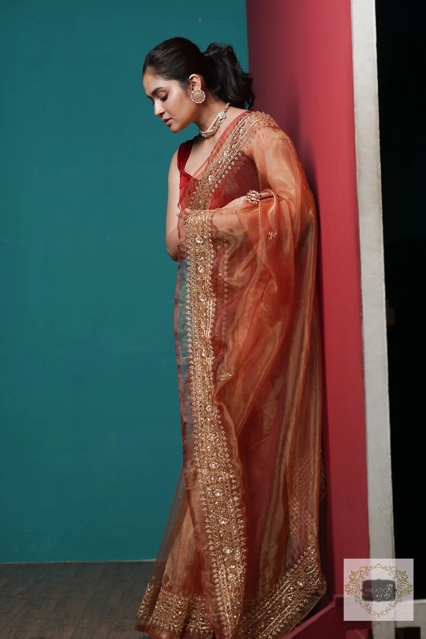 Auburn Glass Tissue Zarina Saree kreationbykj