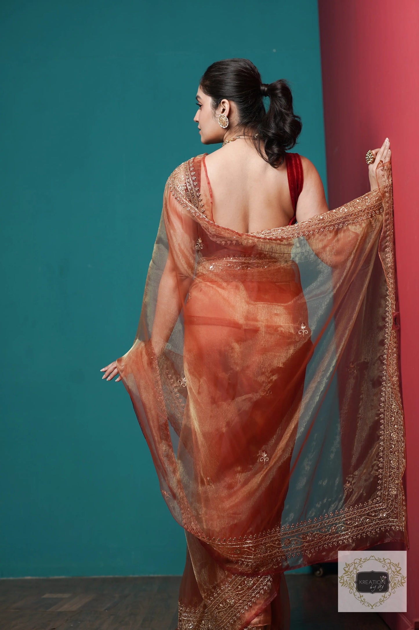 Auburn Glass Tissue Zarina Saree kreationbykj