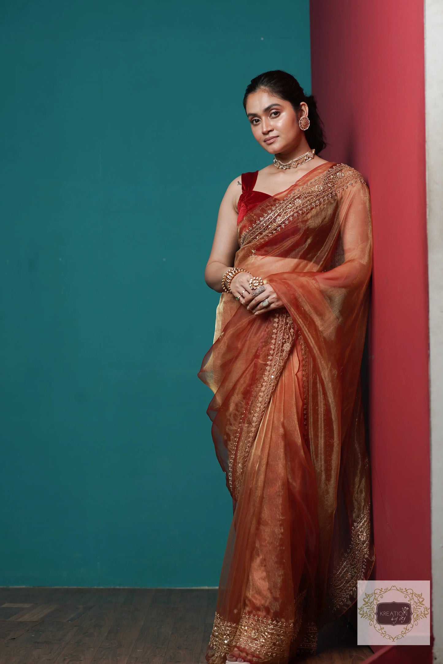 Auburn Glass Tissue Zarina Saree kreationbykj