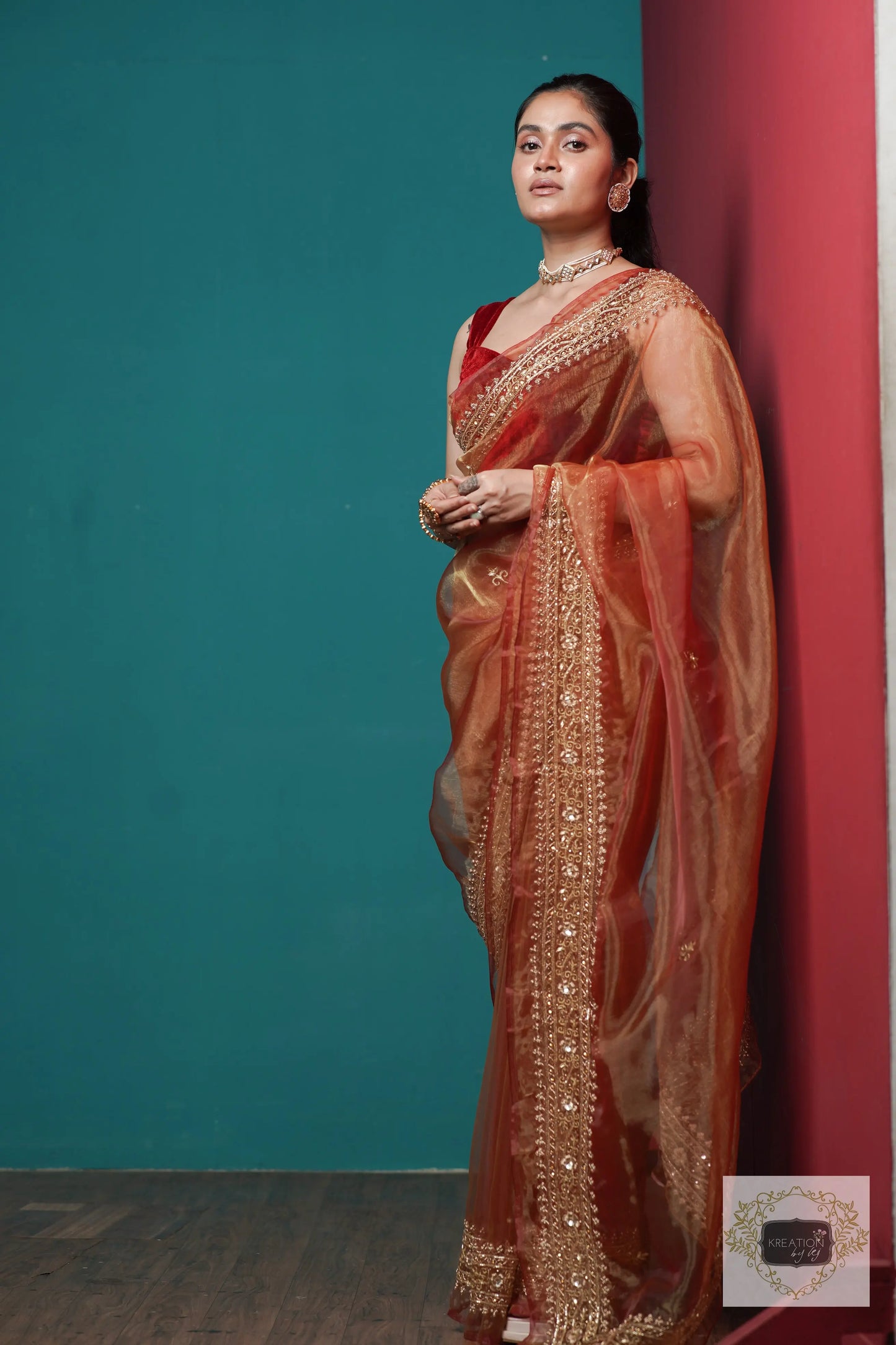 Auburn Glass Tissue Zarina Saree kreationbykj