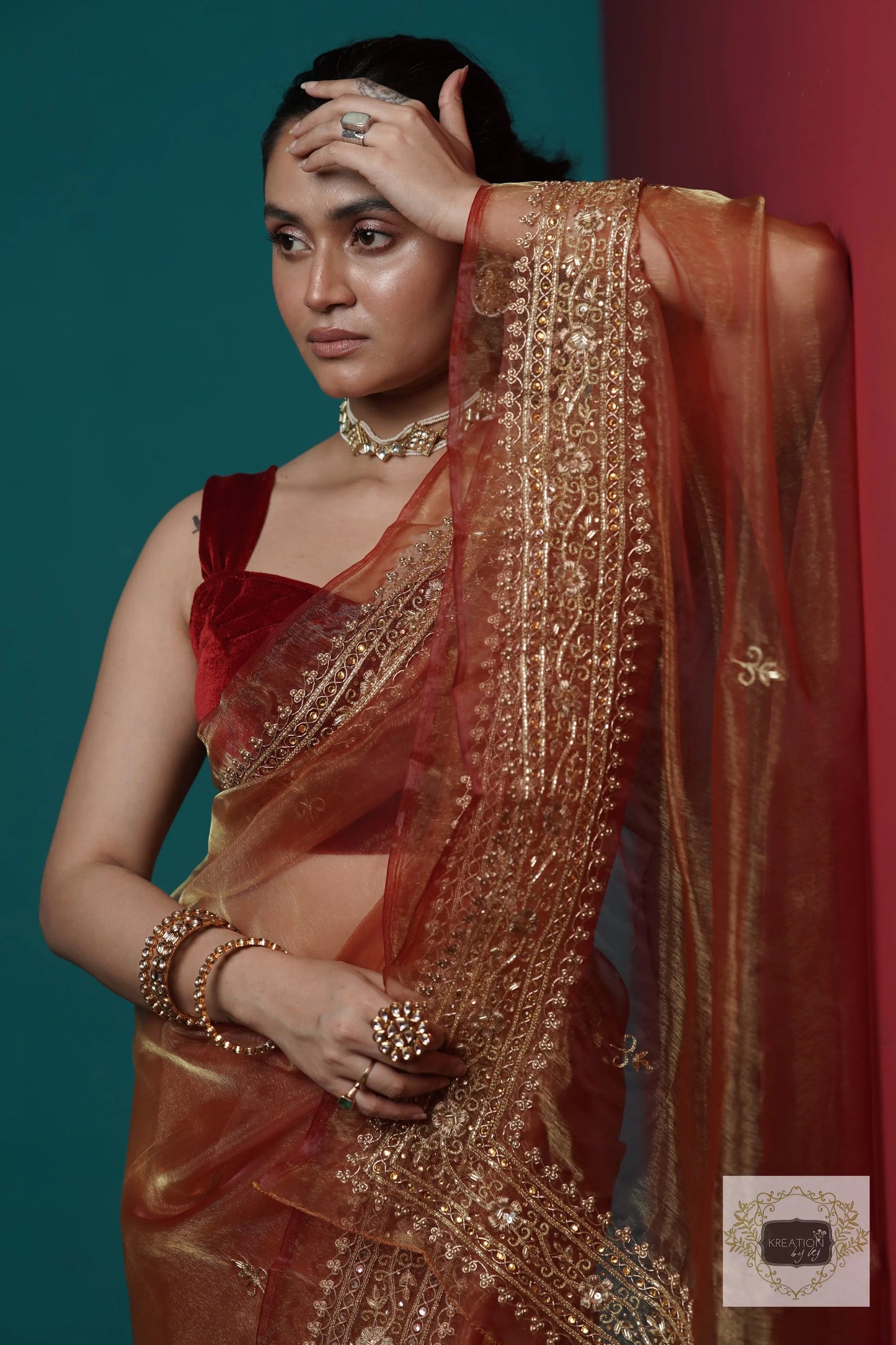 Auburn Glass Tissue Zarina Saree kreationbykj