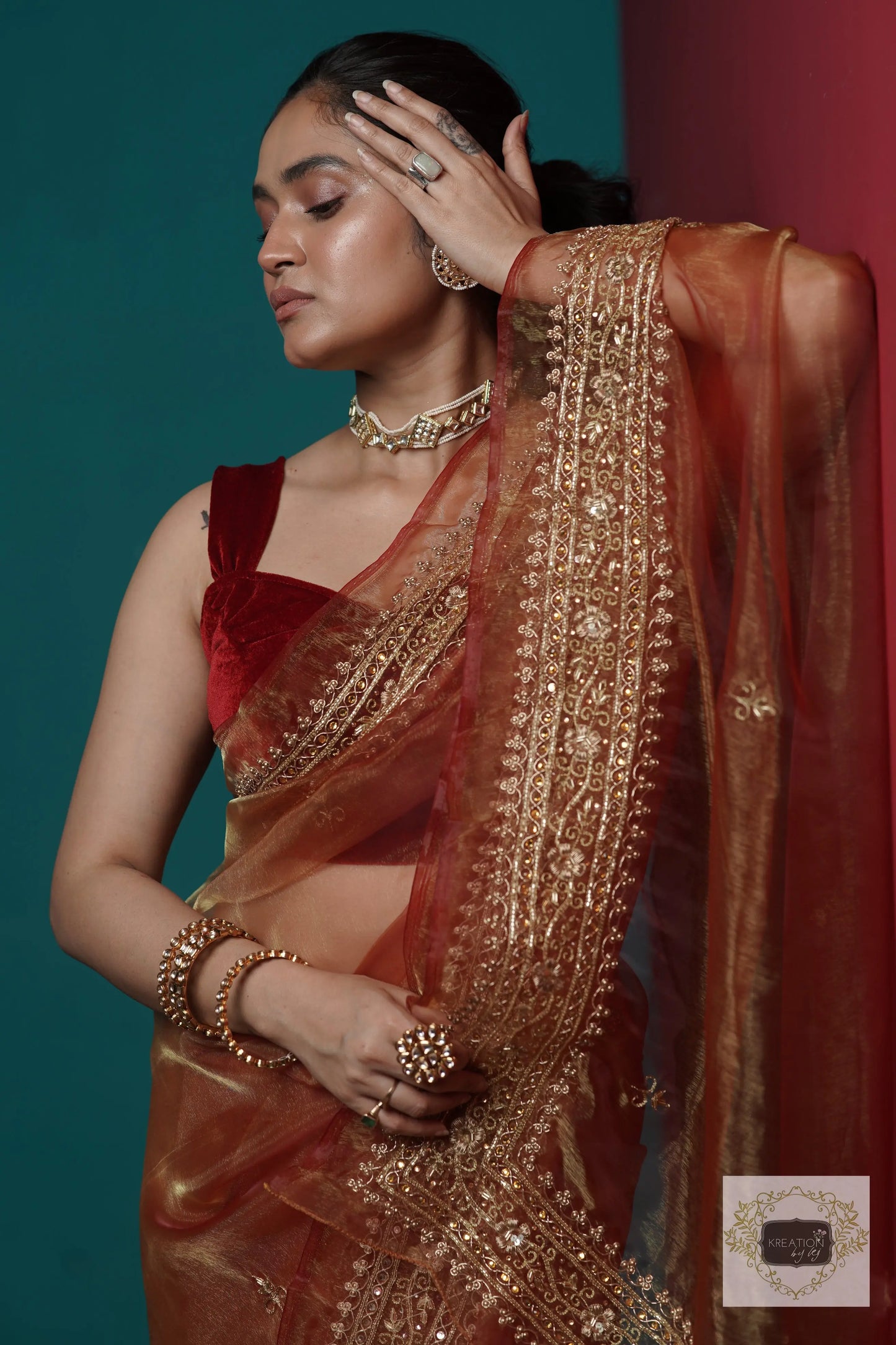 Auburn Glass Tissue Zarina Saree kreationbykj