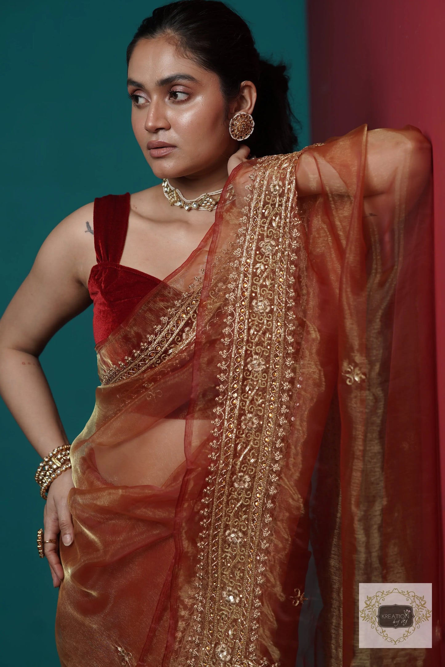 Auburn Glass Tissue Zarina Saree kreationbykj