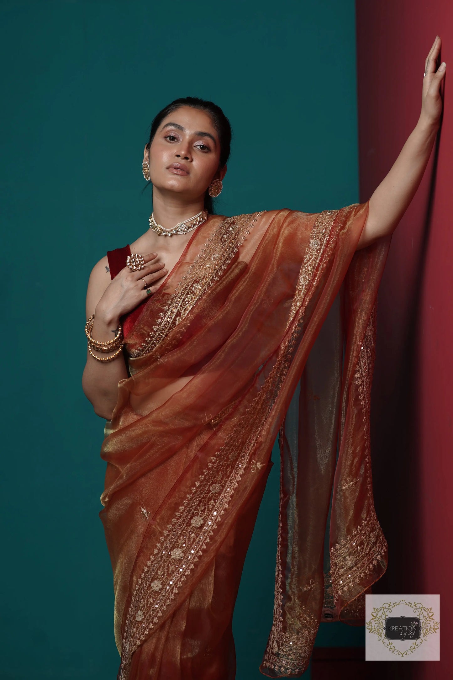 Auburn Glass Tissue Zarina Saree kreationbykj