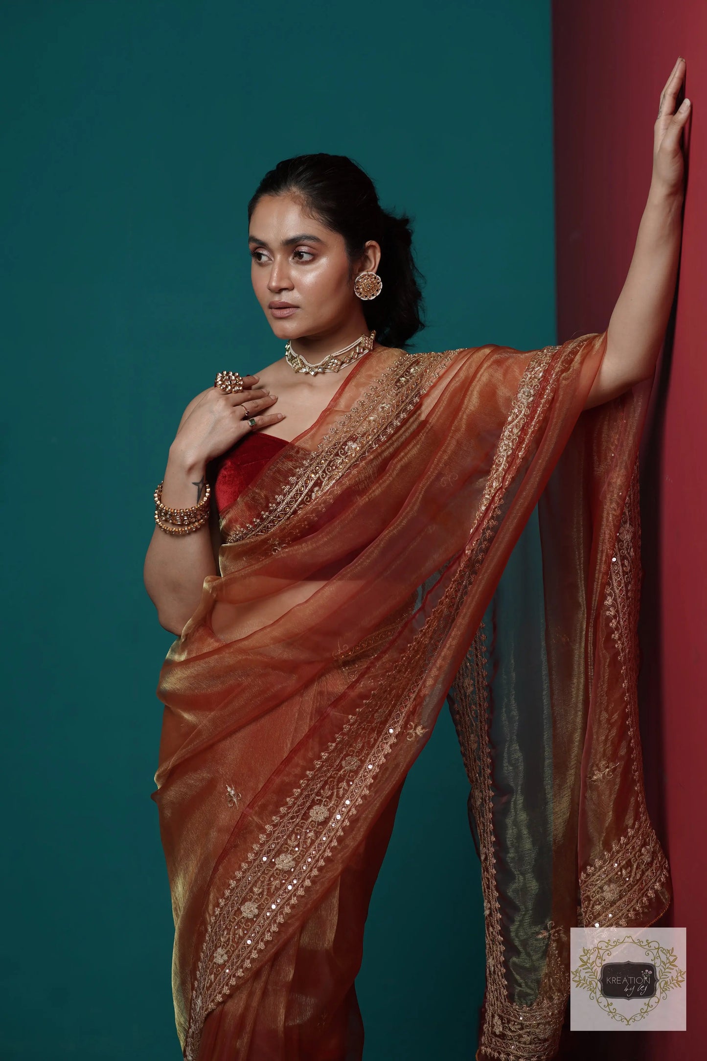Auburn Glass Tissue Zarina Saree kreationbykj