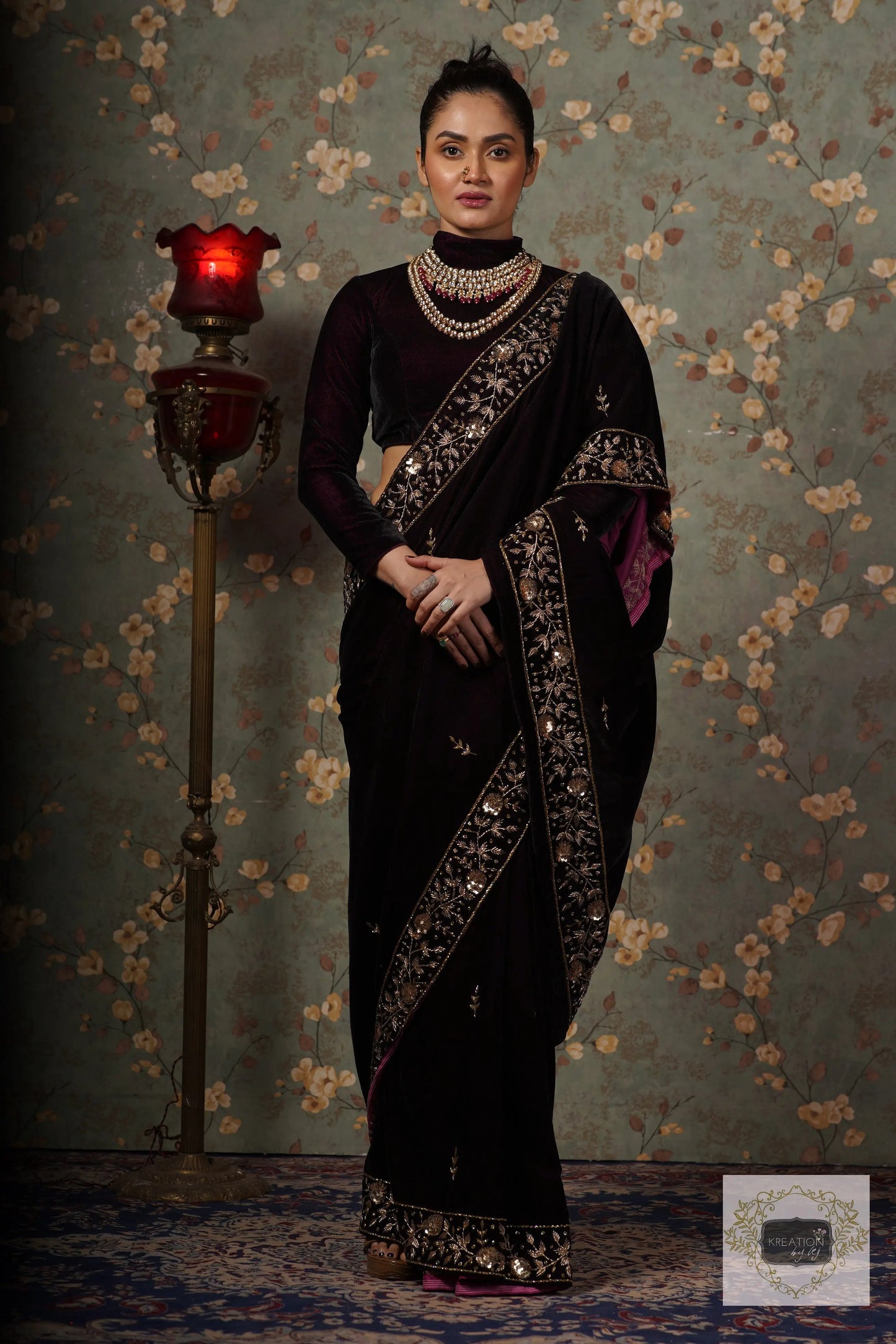 Dark Wine Velvet Anaya Saree kreationbykj