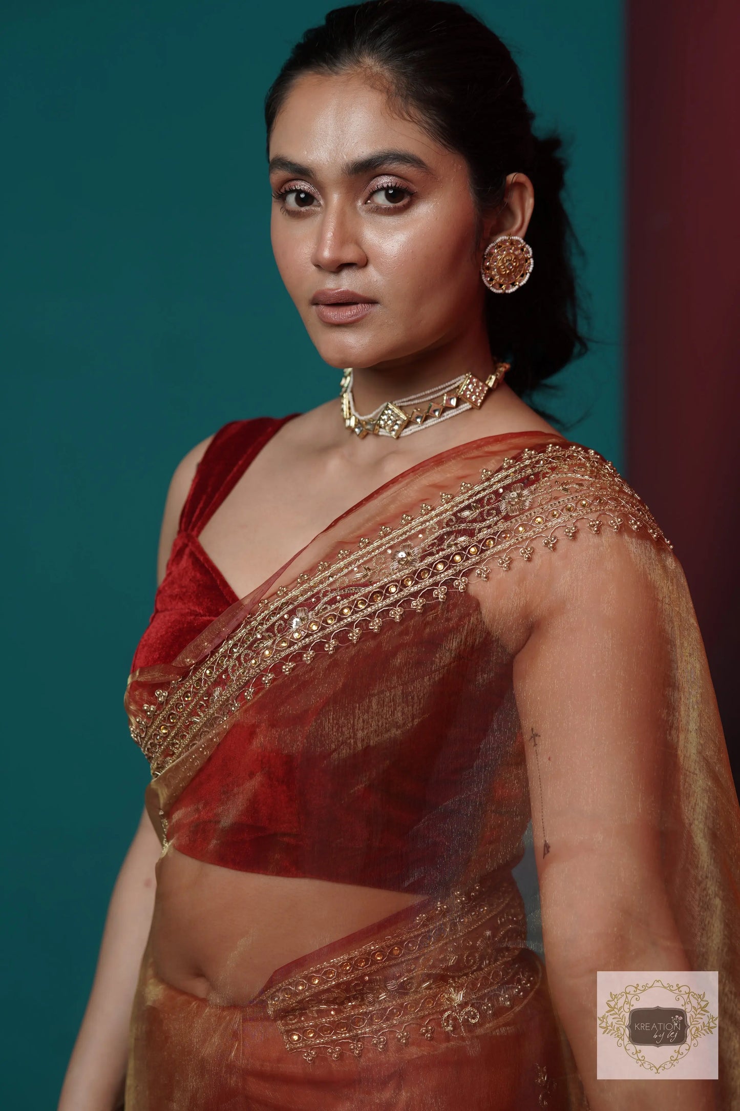 Auburn Glass Tissue Zarina Saree kreationbykj