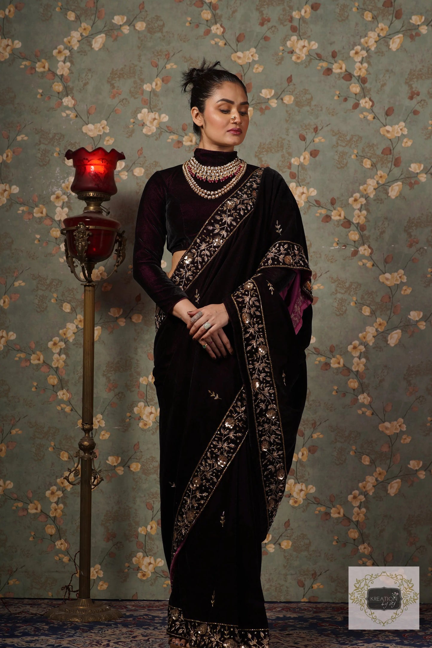 Dark Wine Velvet Anaya Saree kreationbykj