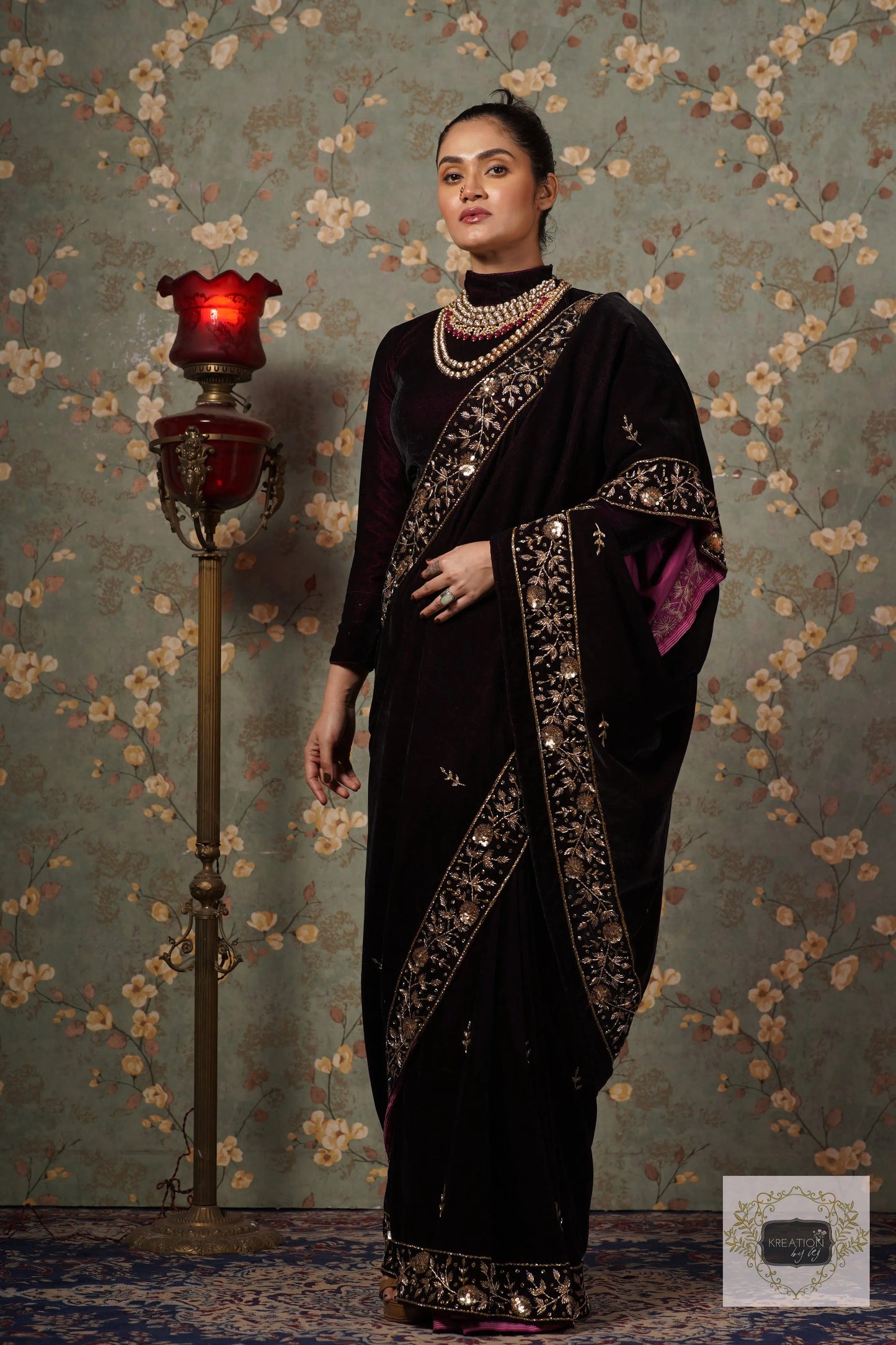 Dark Wine Velvet Anaya Saree kreationbykj