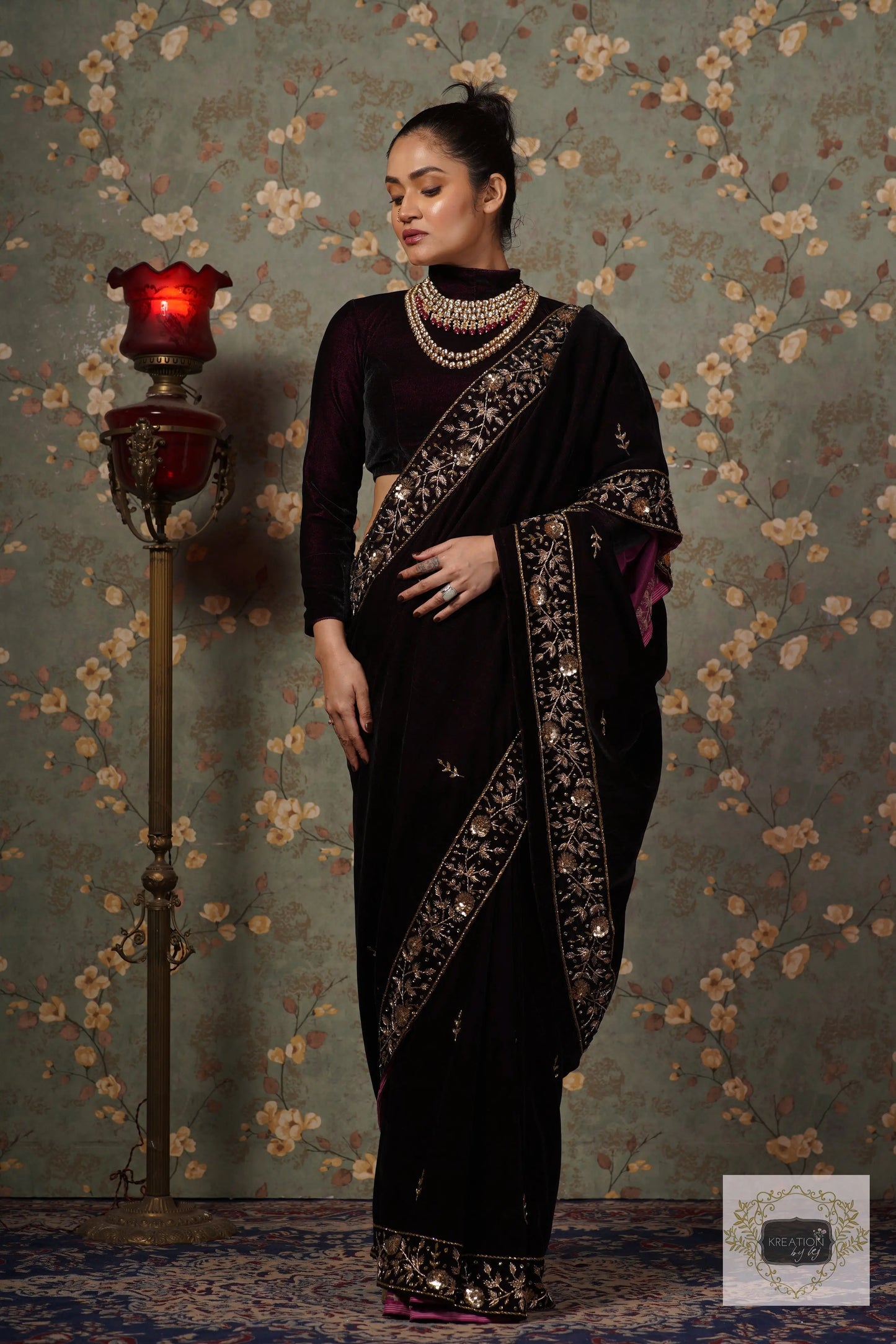 Dark Wine Velvet Anaya Saree kreationbykj