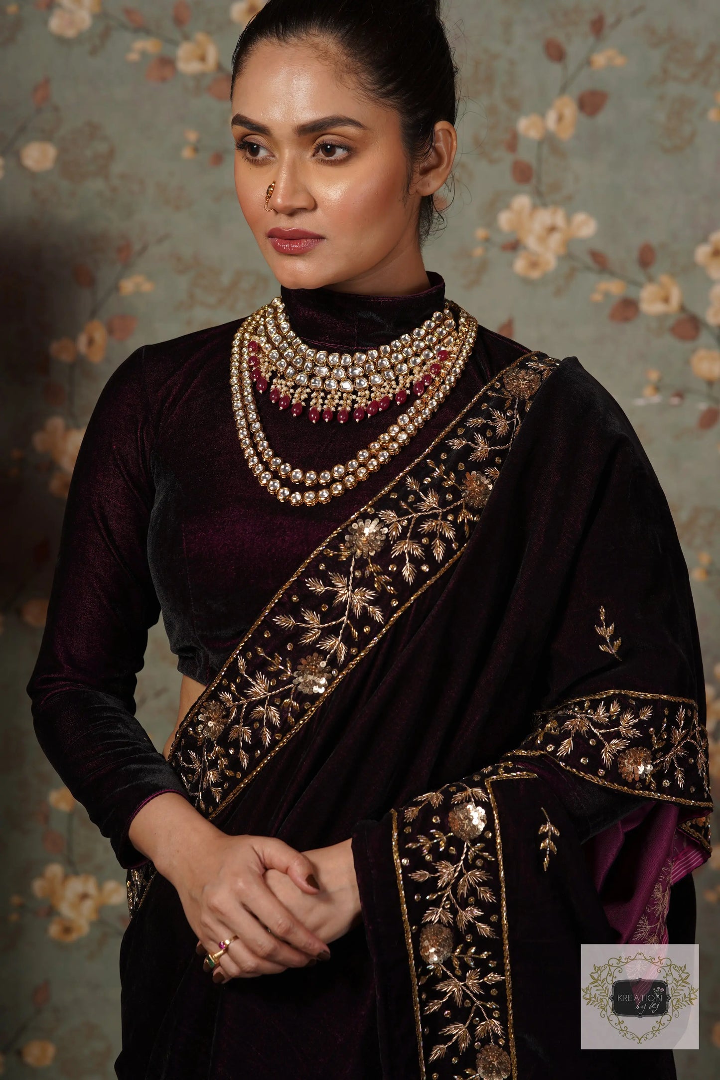 Dark Wine Velvet Anaya Saree kreationbykj