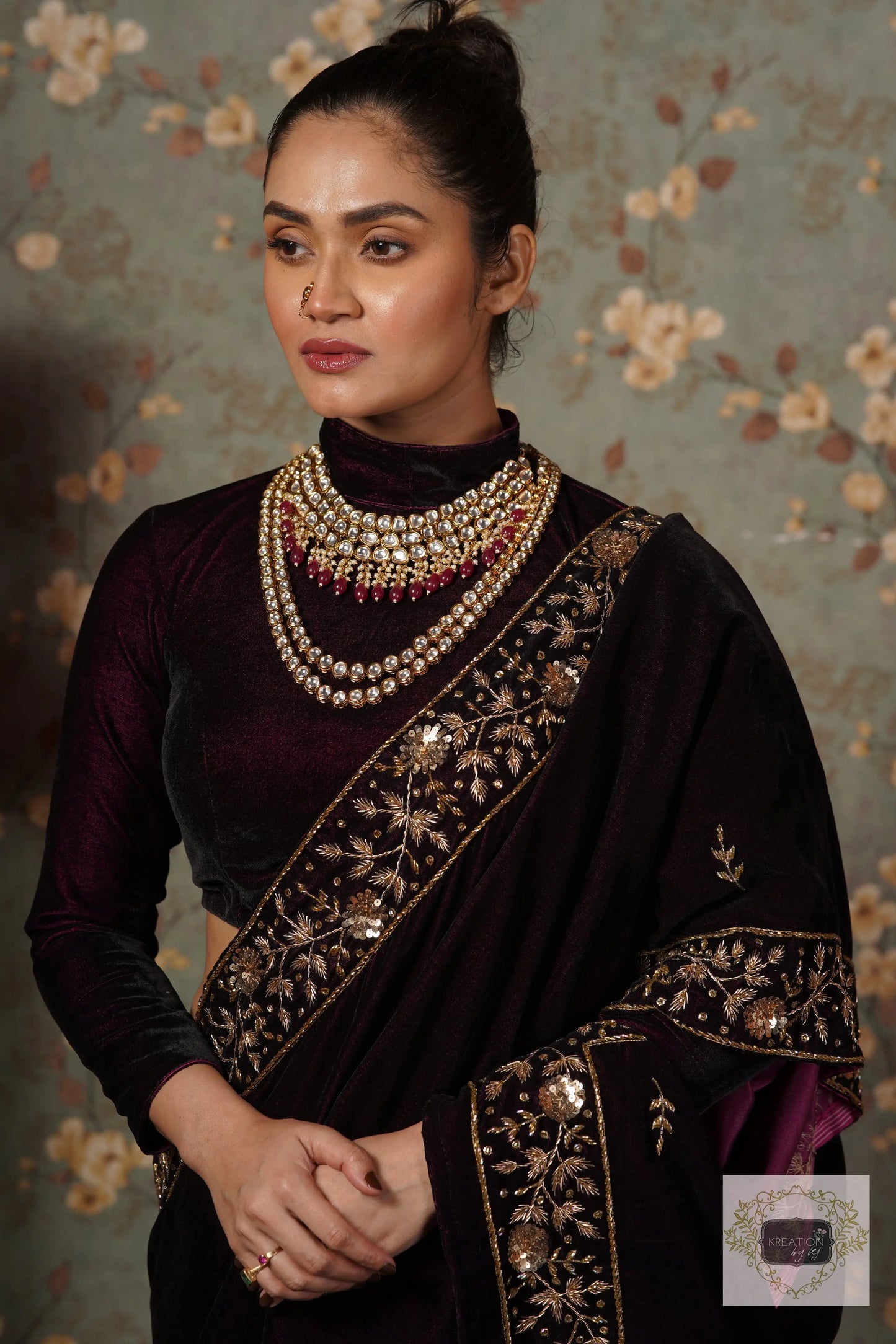 Dark Wine Velvet Anaya Saree kreationbykj
