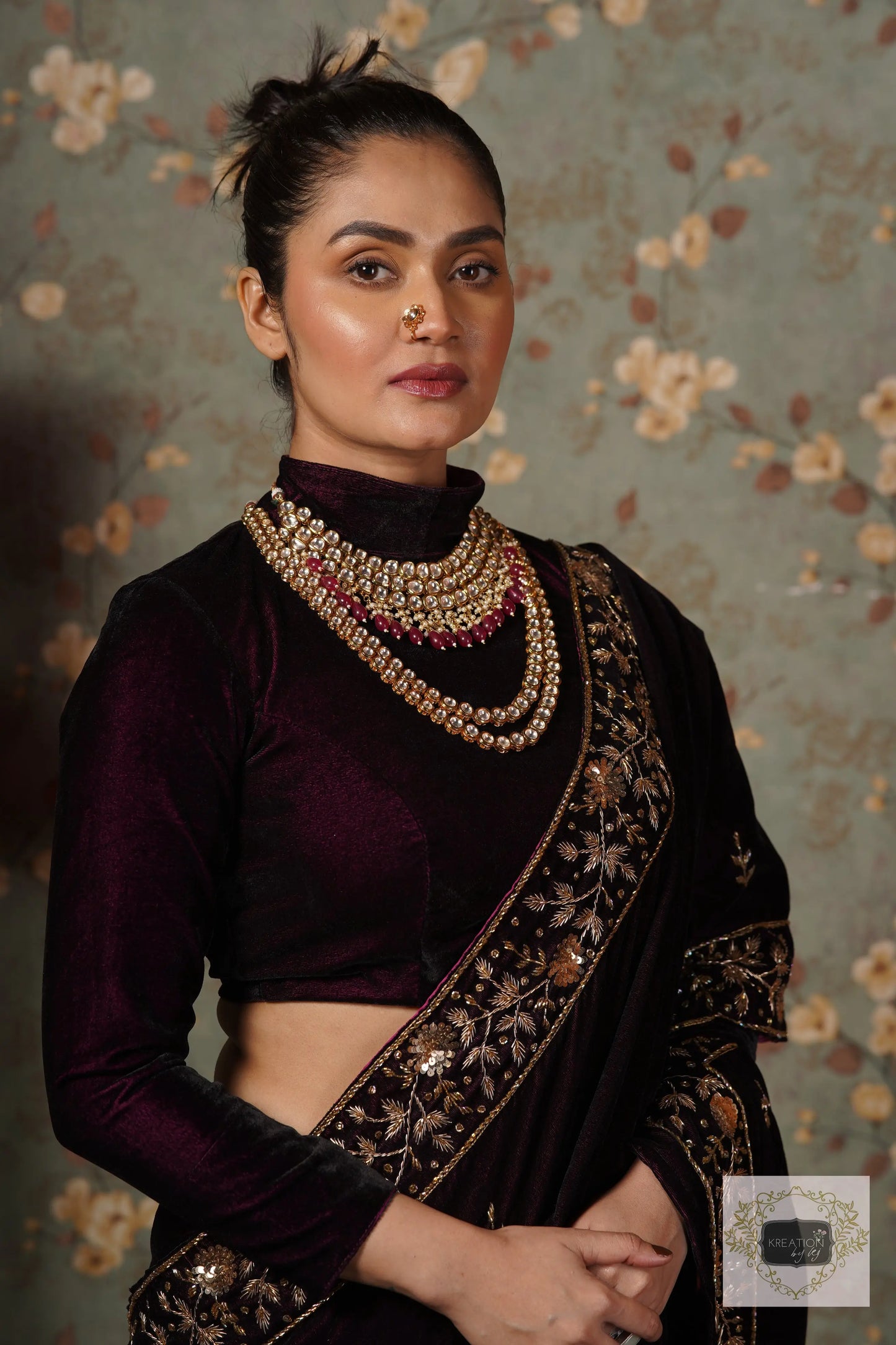 Dark Wine Velvet Anaya Saree kreationbykj