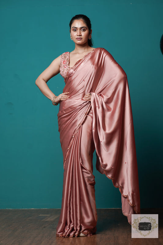 Rose Gold Satin Silk Sundowner Cocktail Saree kreationbykj