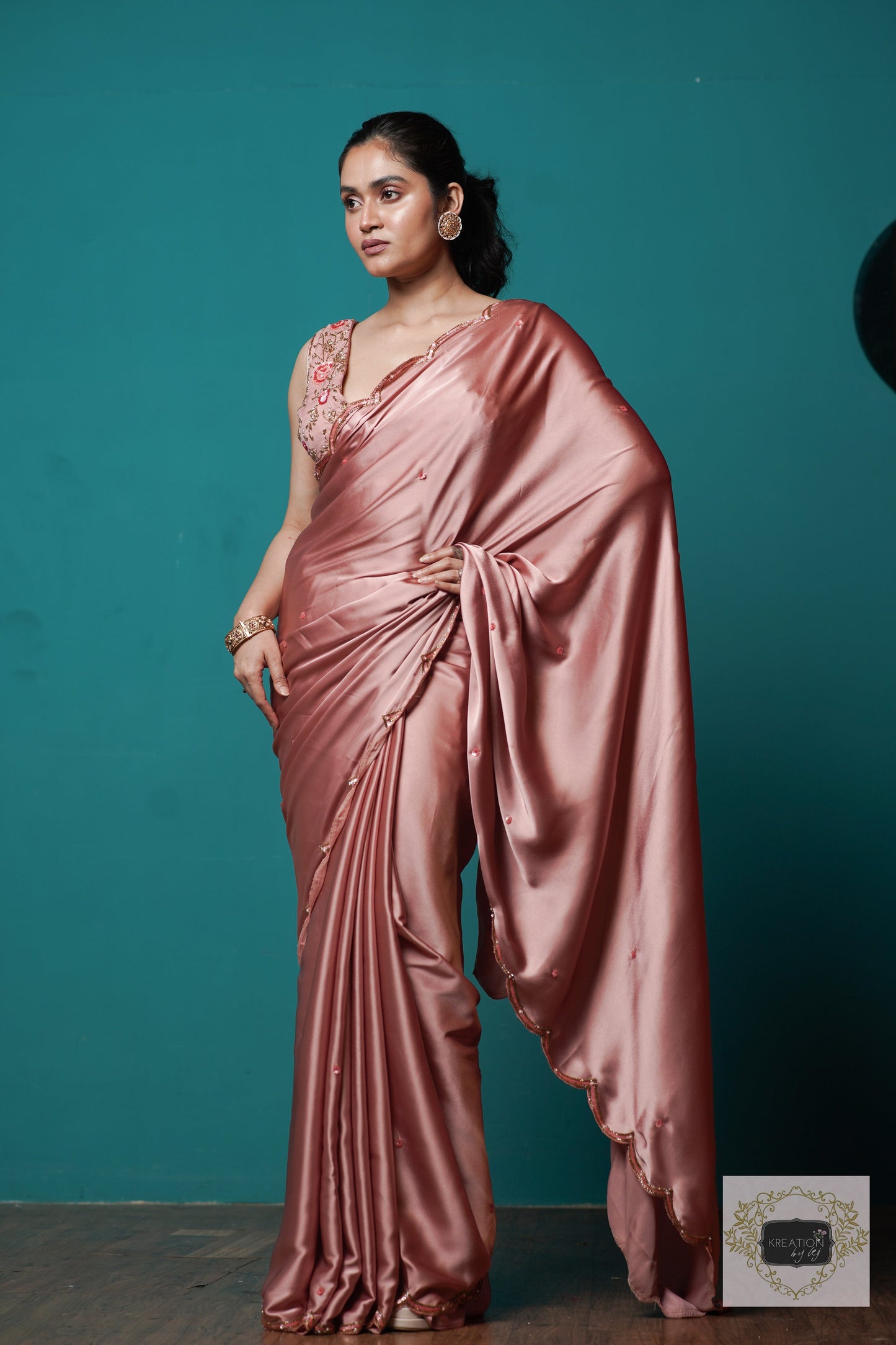 Rose Gold Satin Silk Sundowner Cocktail Saree kreationbykj