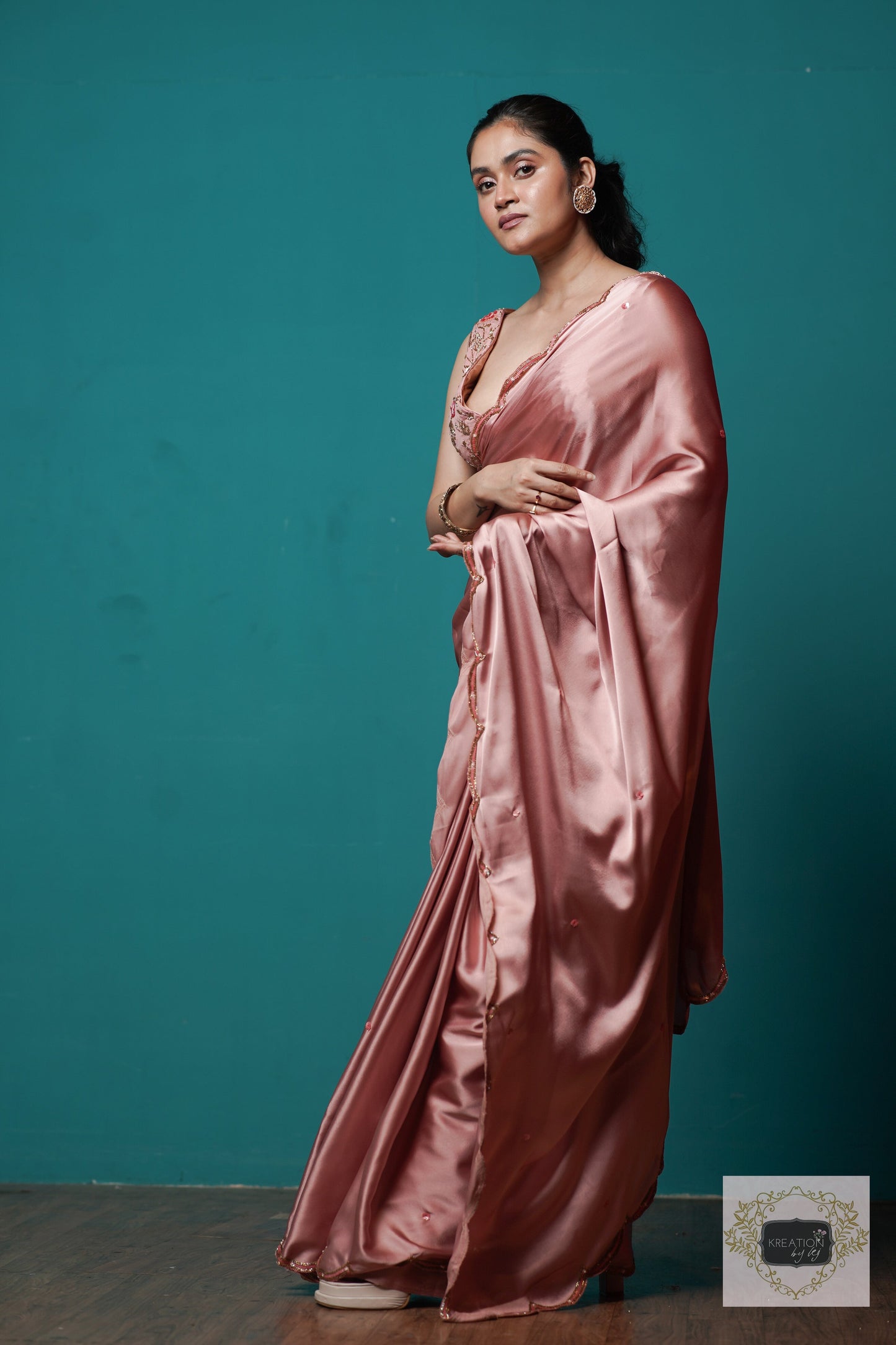 Rose Gold Satin Silk Sundowner Cocktail Saree kreationbykj