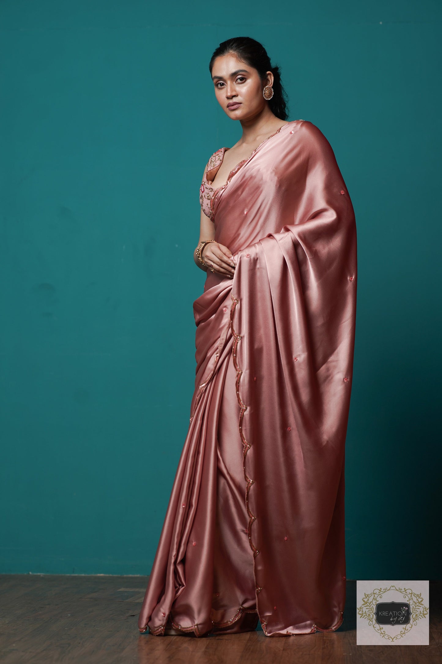 Rose Gold Satin Silk Sundowner Cocktail Saree kreationbykj
