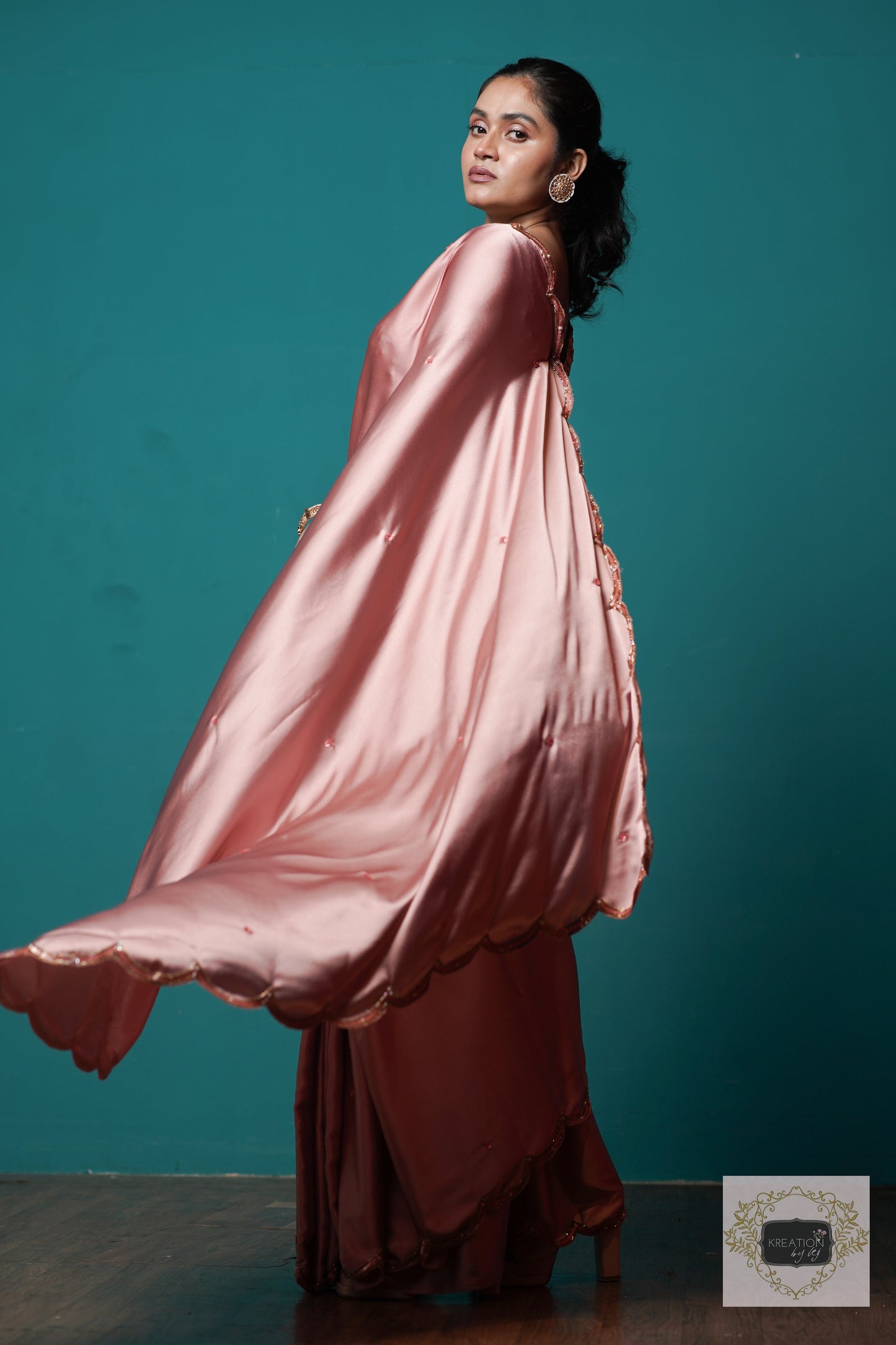 Rose Gold Satin Silk Sundowner Cocktail Saree kreationbykj