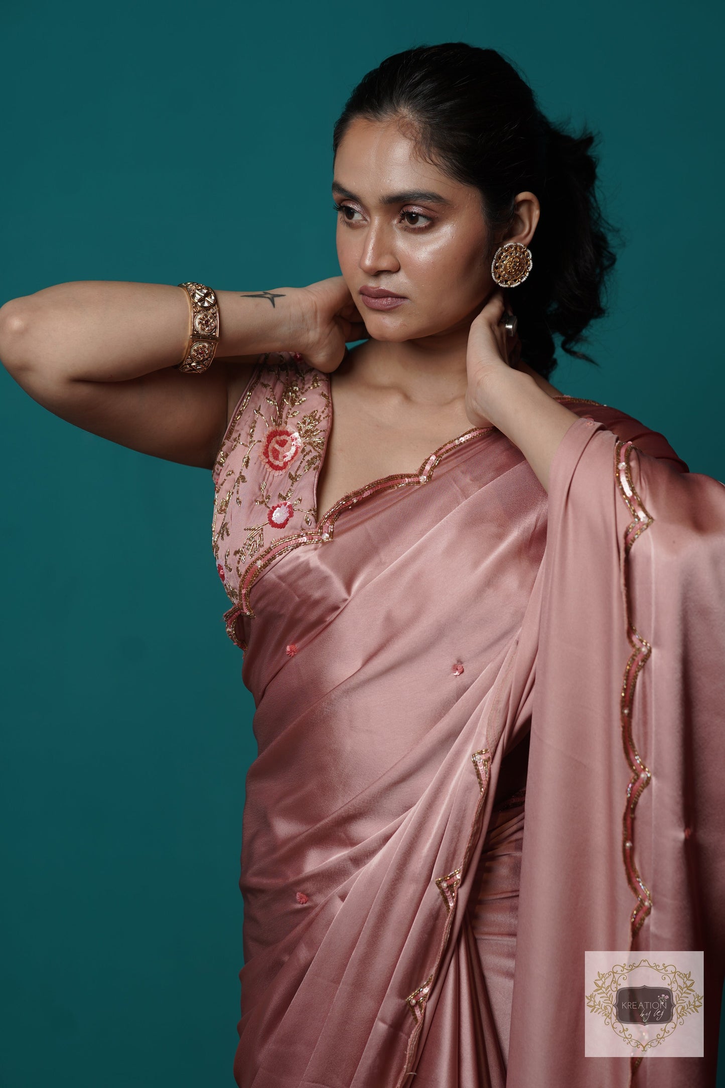 Rose Gold Satin Silk Sundowner Cocktail Saree kreationbykj