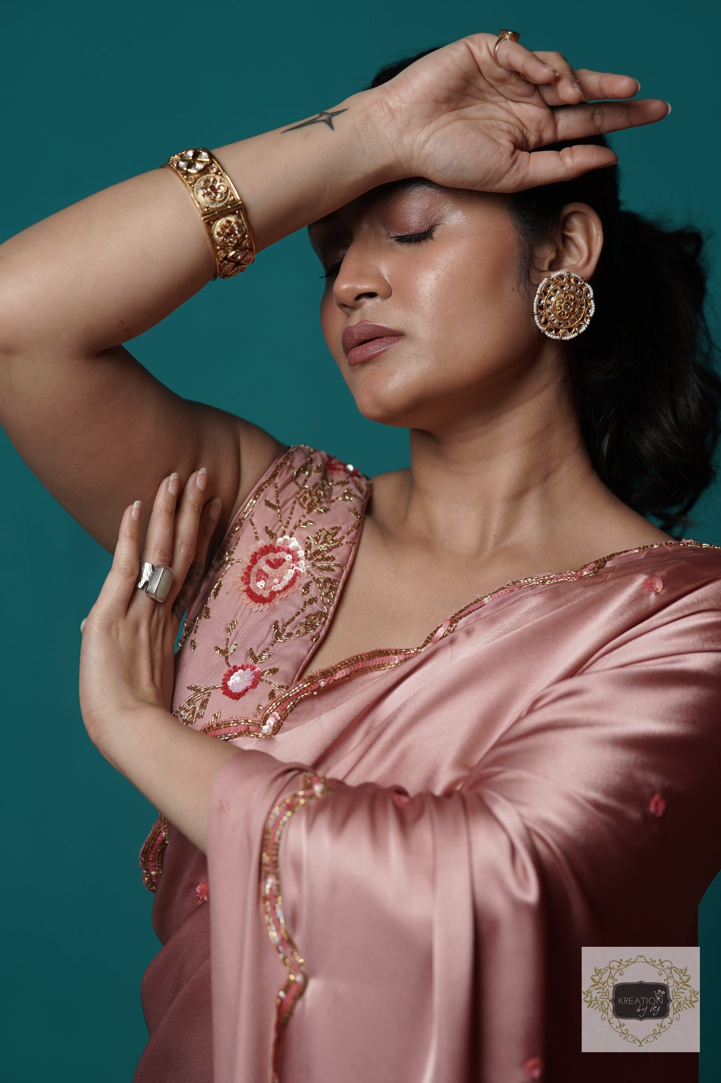 Rose Gold Satin Silk Sundowner Cocktail Saree kreationbykj