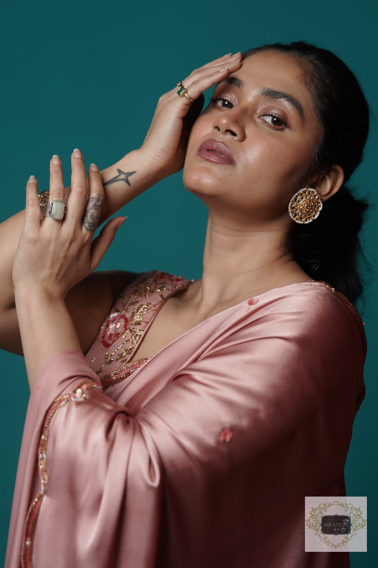 Rose Gold Satin Silk Sundowner Cocktail Saree kreationbykj
