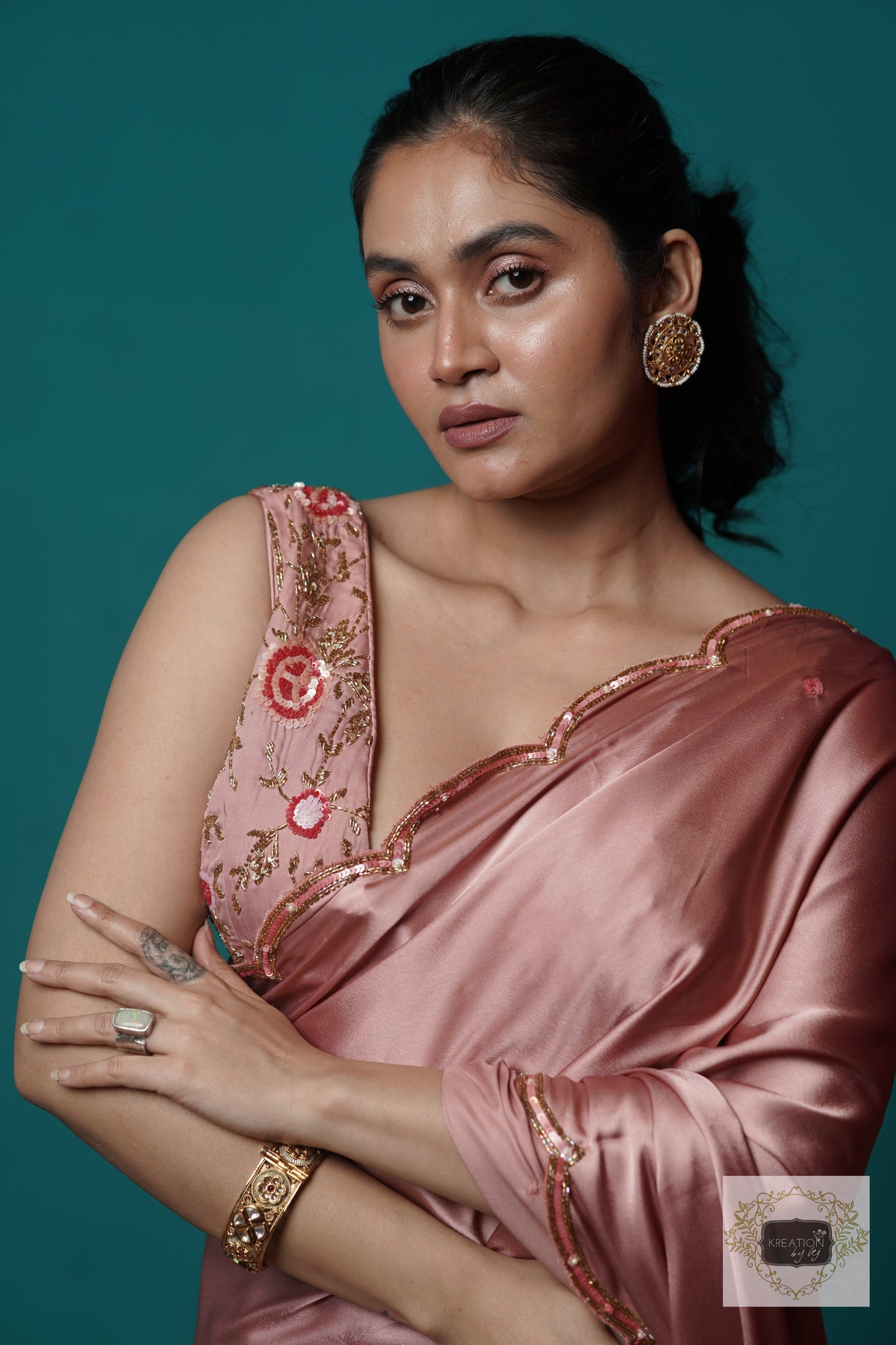 Rose Gold Satin Silk Sundowner Cocktail Saree kreationbykj