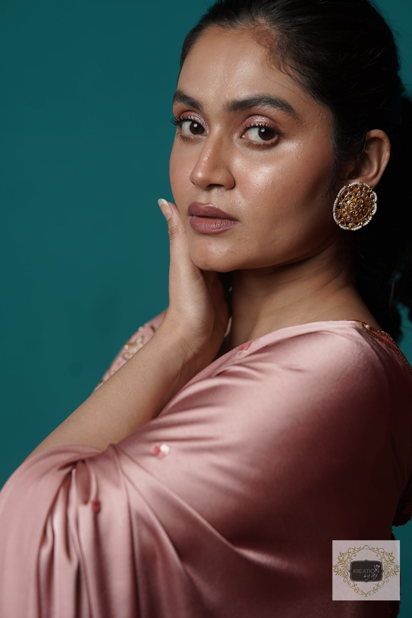 Rose Gold Satin Silk Sundowner Cocktail Saree kreationbykj