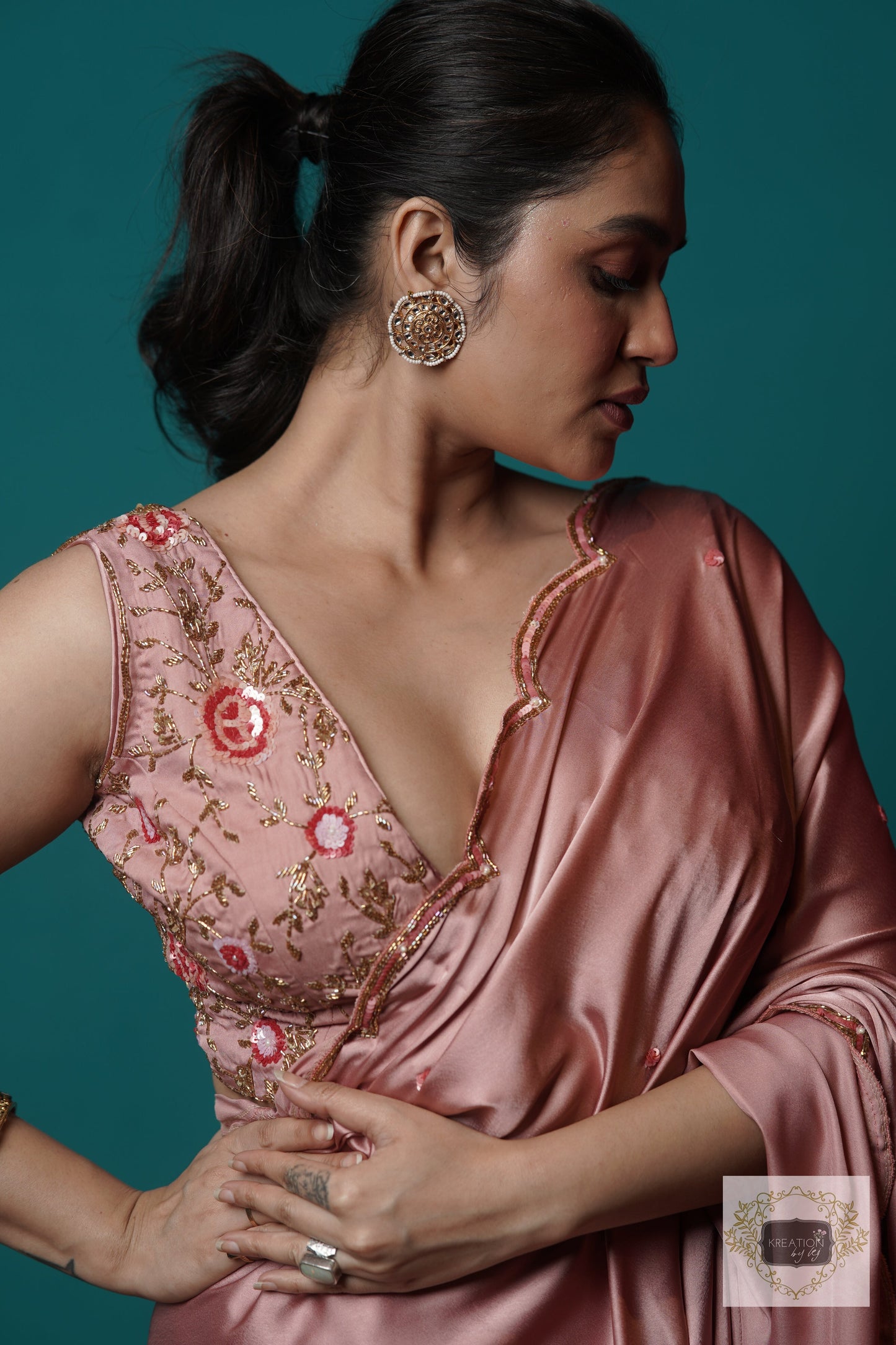 Rose Gold Satin Silk Sundowner Cocktail Saree kreationbykj