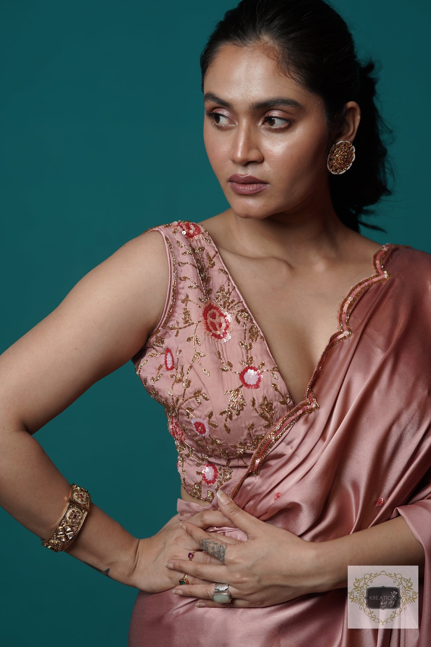 Rose Gold Satin Silk Sundowner Cocktail Saree kreationbykj