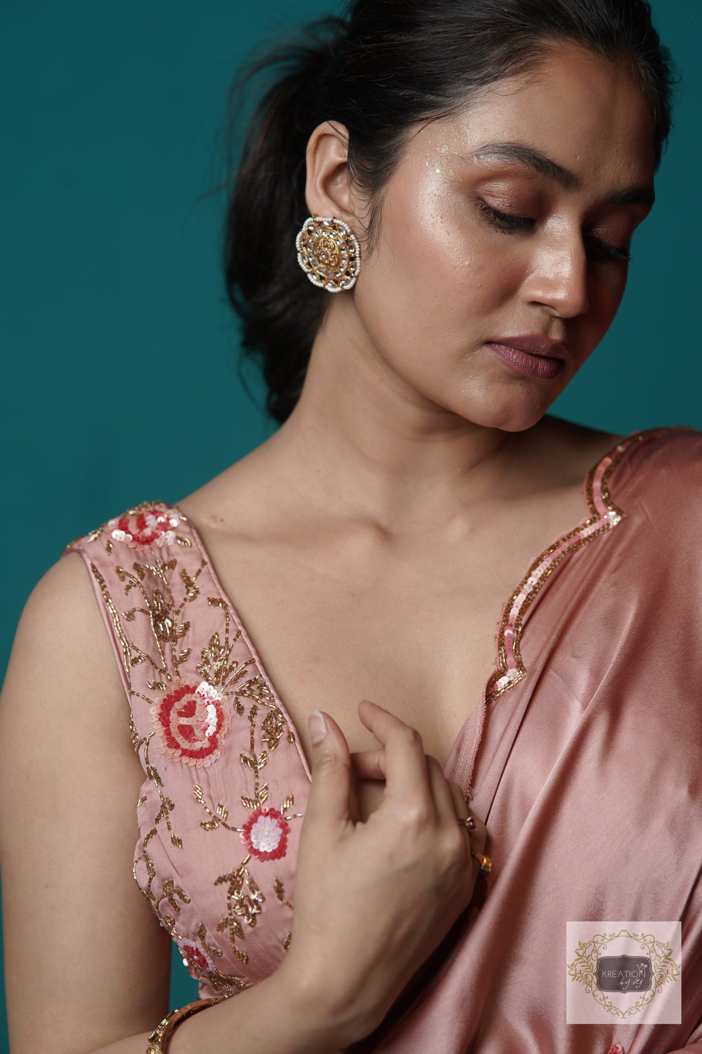Rose Gold Satin Silk Sundowner Cocktail Saree kreationbykj