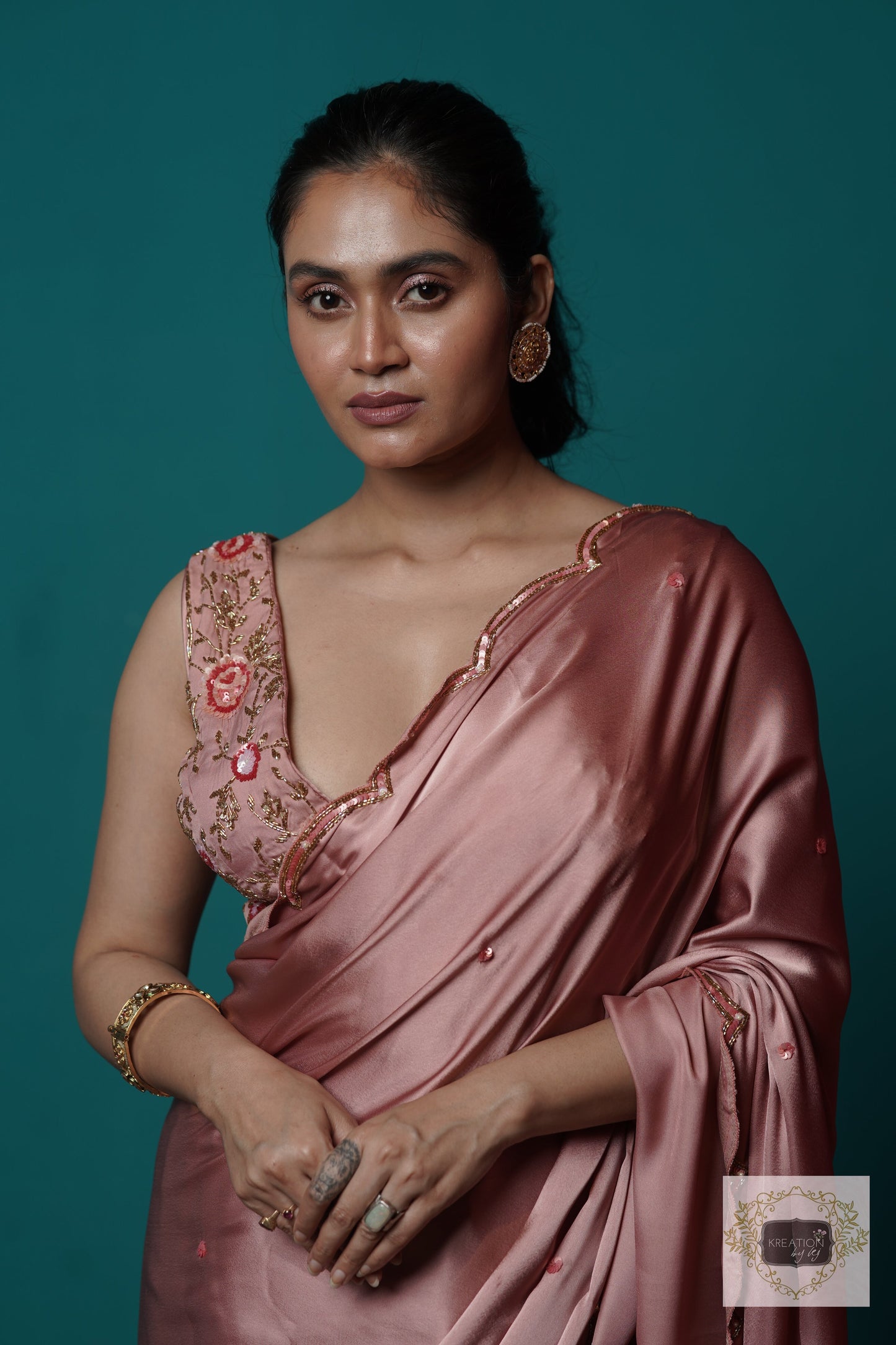 Rose Gold Satin Silk Sundowner Cocktail Saree kreationbykj