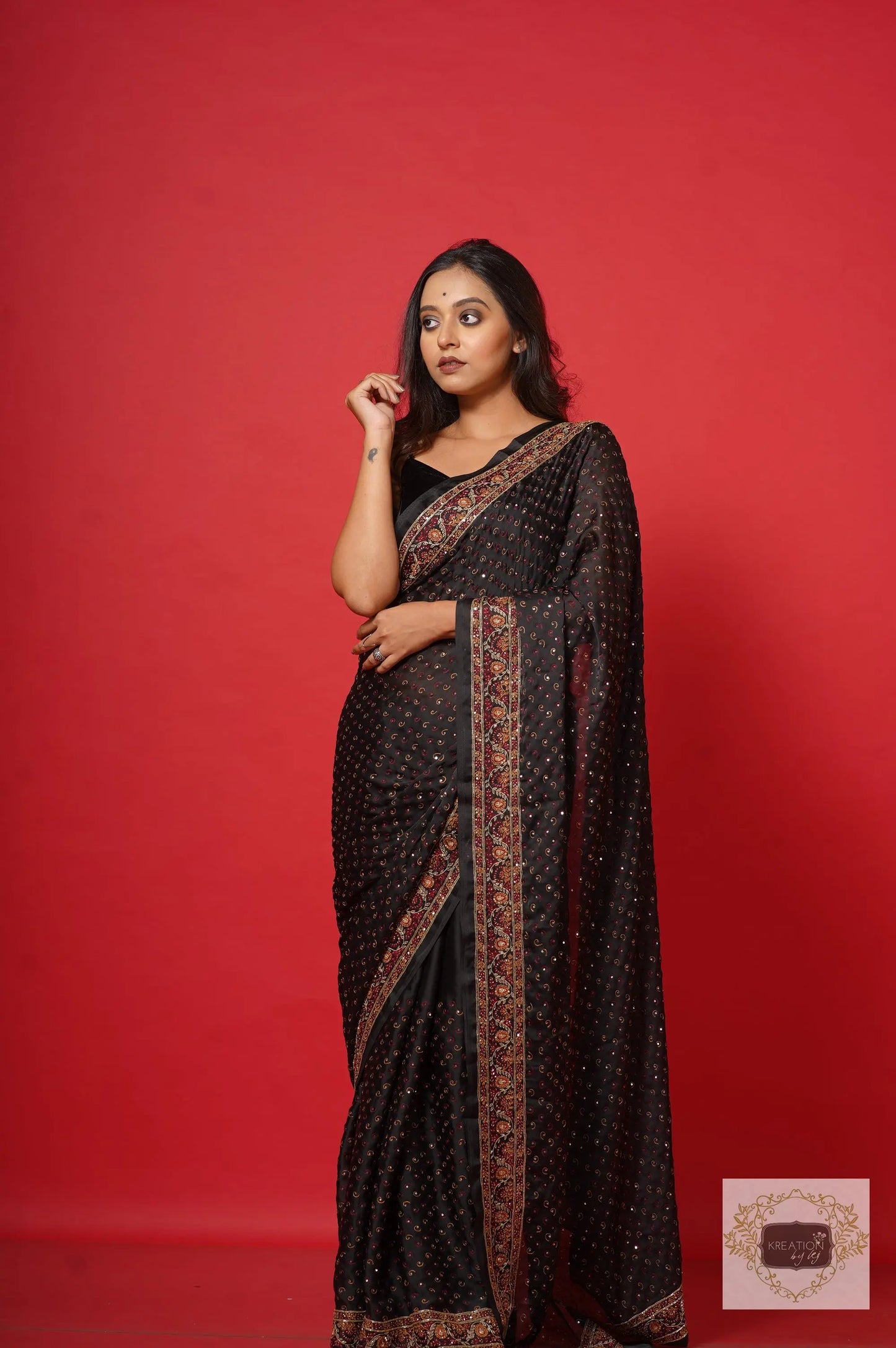 Riwayat Black Crepe Silk Saree with Handembroidery kreationbykj