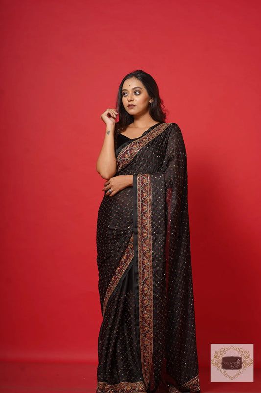 Riwayat Black Crepe Silk Saree with Handembroidery kreationbykj