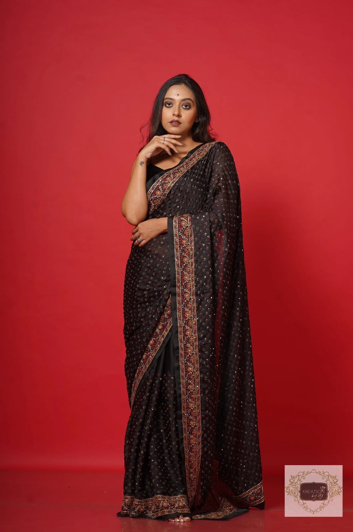 Riwayat Black Crepe Silk Saree with Handembroidery kreationbykj