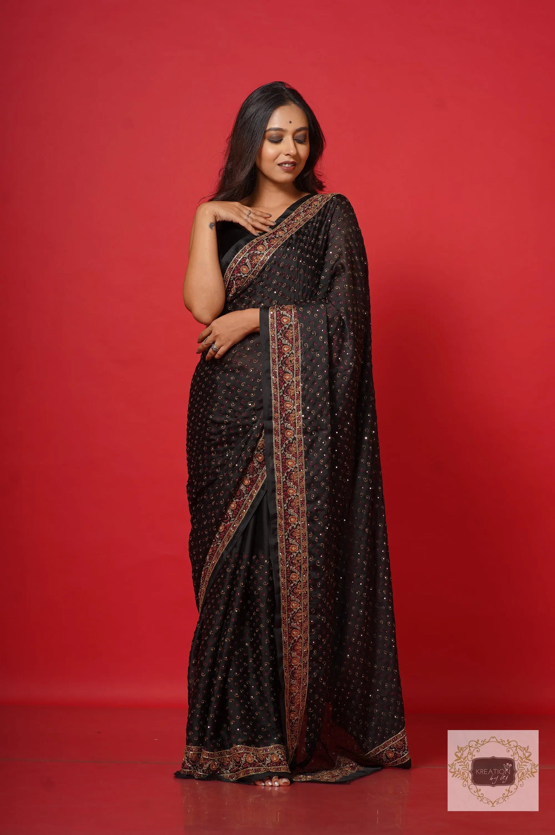 Riwayat Black Crepe Silk Saree with Handembroidery kreationbykj